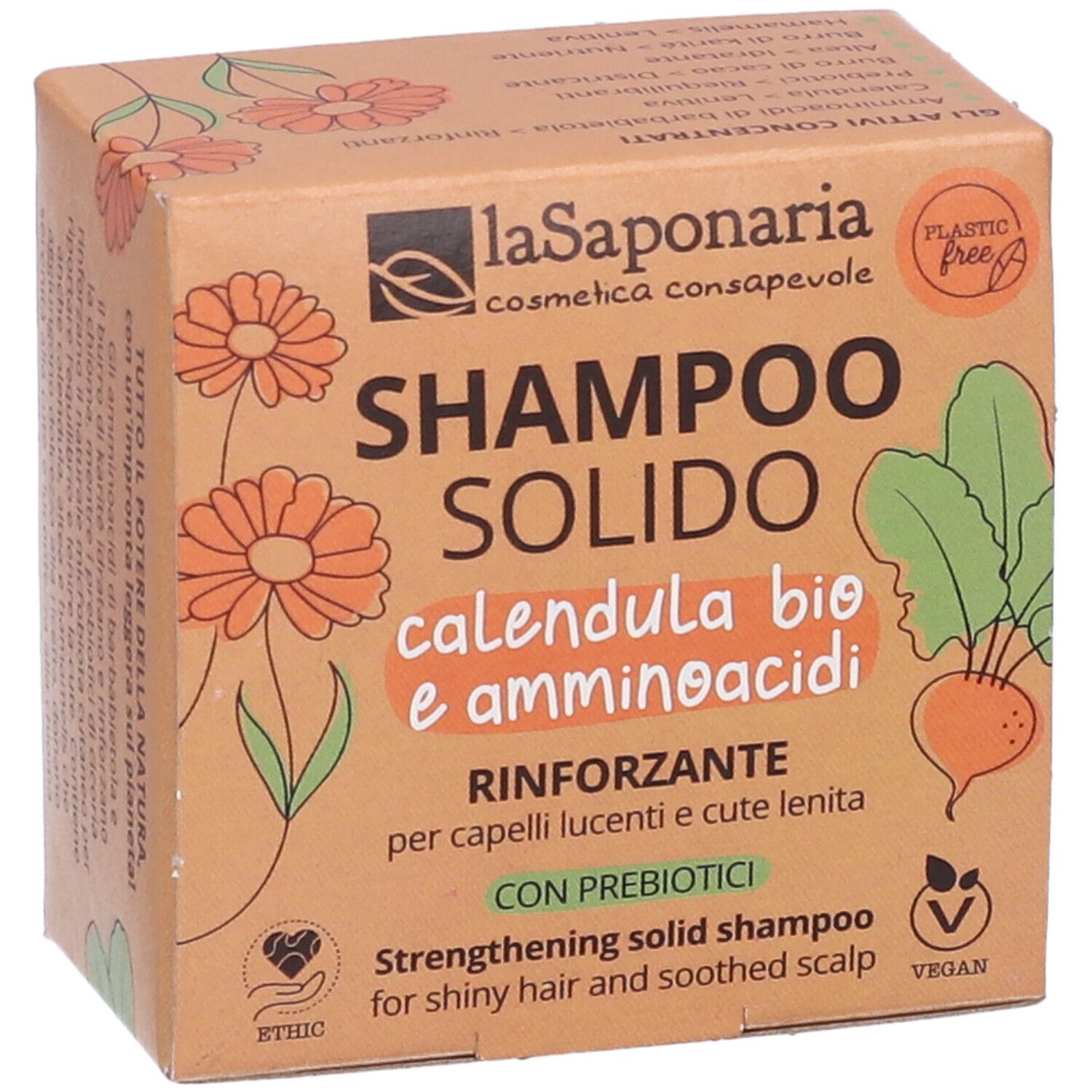 Confezione in cartone per shampoo solido. Nome del prodotto e logo visibili. Illustrazioni di fiori e verdure.