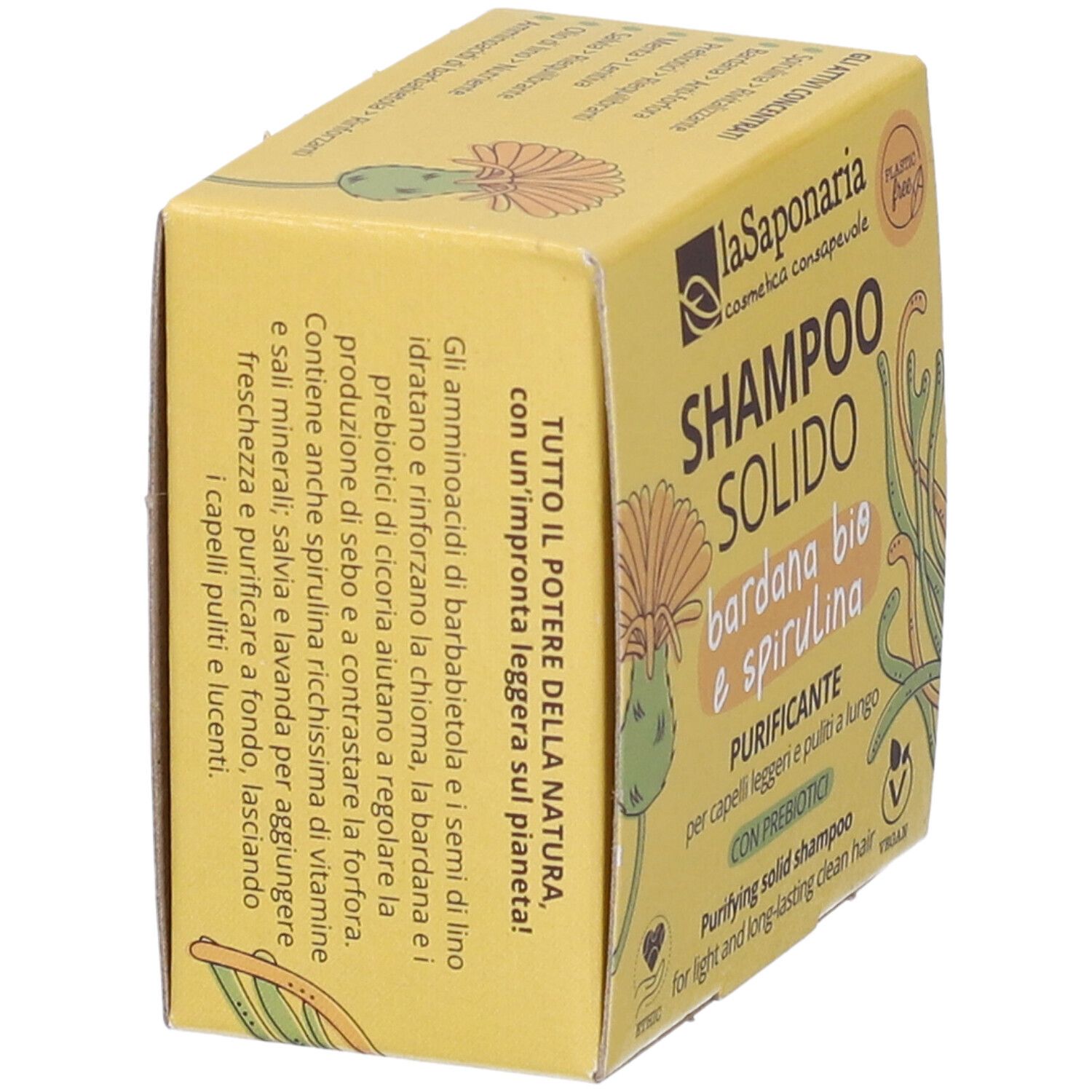 Scatola gialla, nome e logo del prodotto. Scritta: Shampoo Solido Bardana Bio e Spirulina. Sigillo vegano.