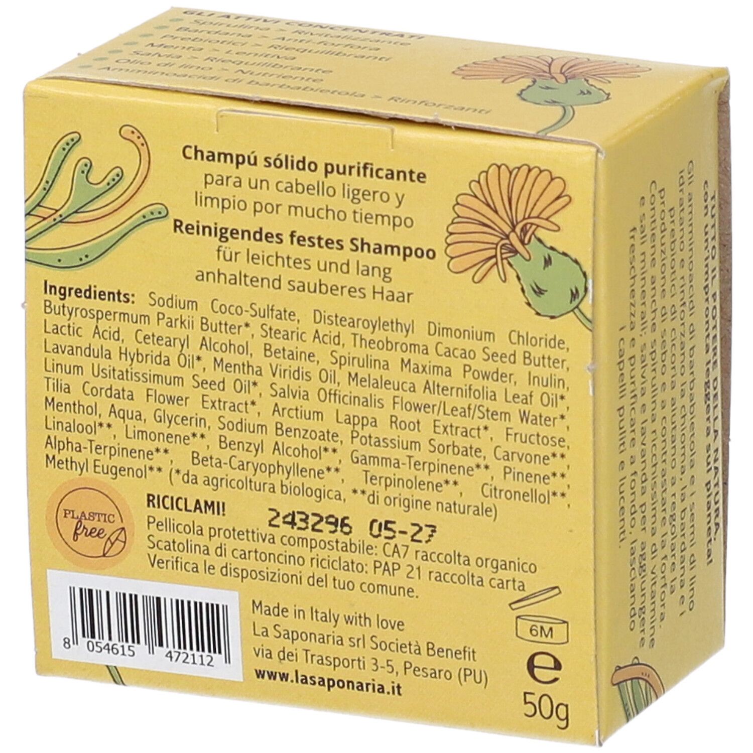 Scatola gialla, nome e logo del prodotto. Retro con ingredienti e informazioni. Sigillo vegano.