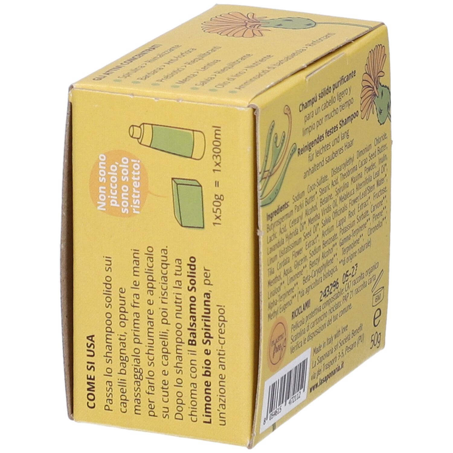 Scatola gialla, nome e logo del prodotto. Scritta: Shampoo Solido Bardana Bio e Spirulina. Sigillo vegano.