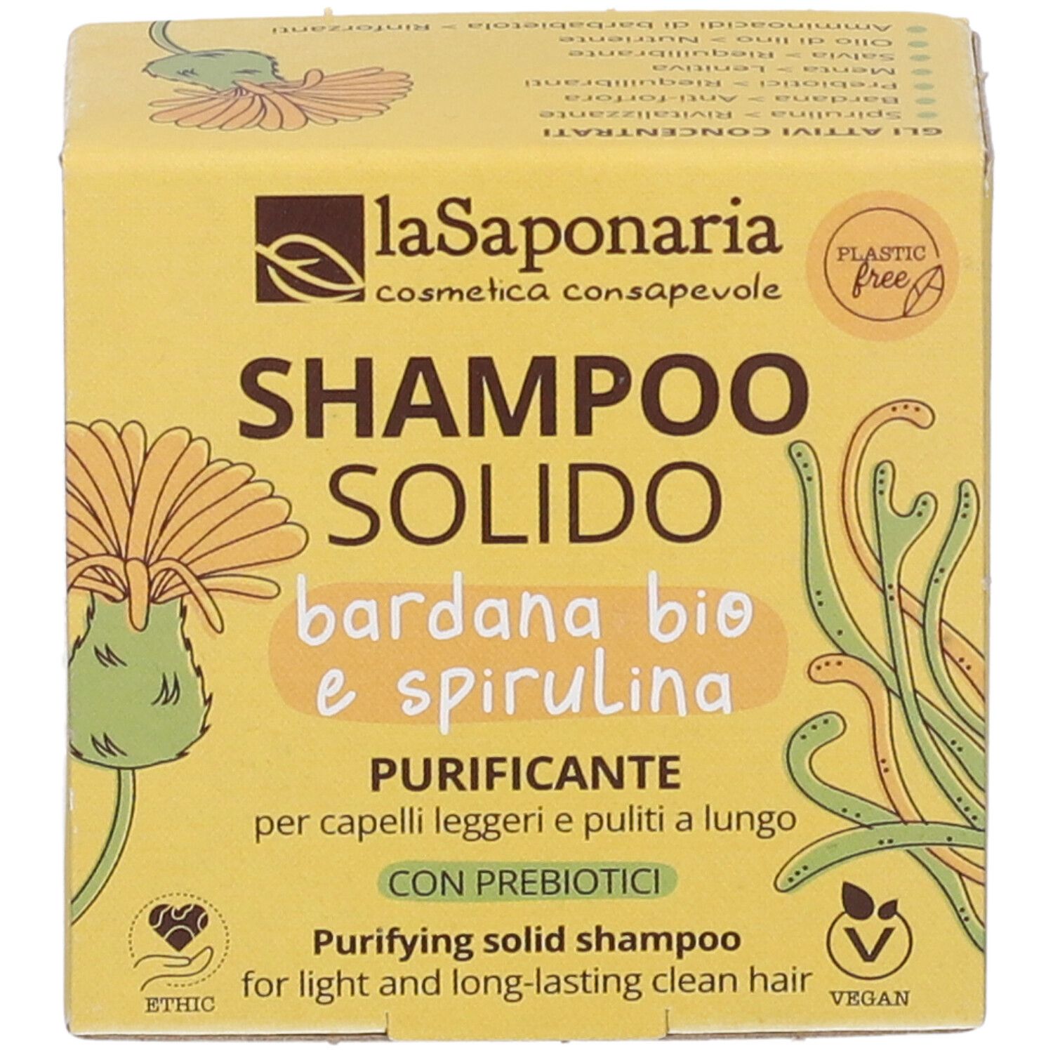 Scatola gialla con nome e logo del prodotto. Scritta: Shampoo Solido Bardana Bio e Spirulina.