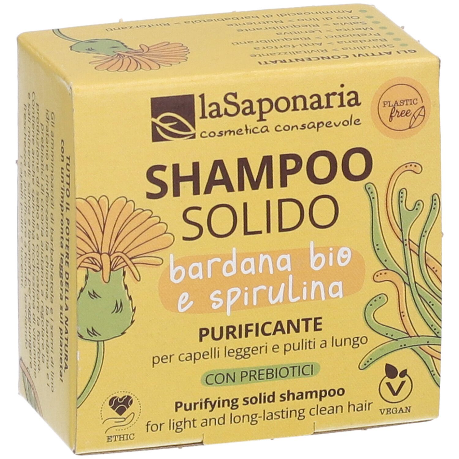 Scatola gialla con nome e logo del prodotto. Scritta: Shampoo Solido Bardana Bio e Spirulina. Sigillo vegano.