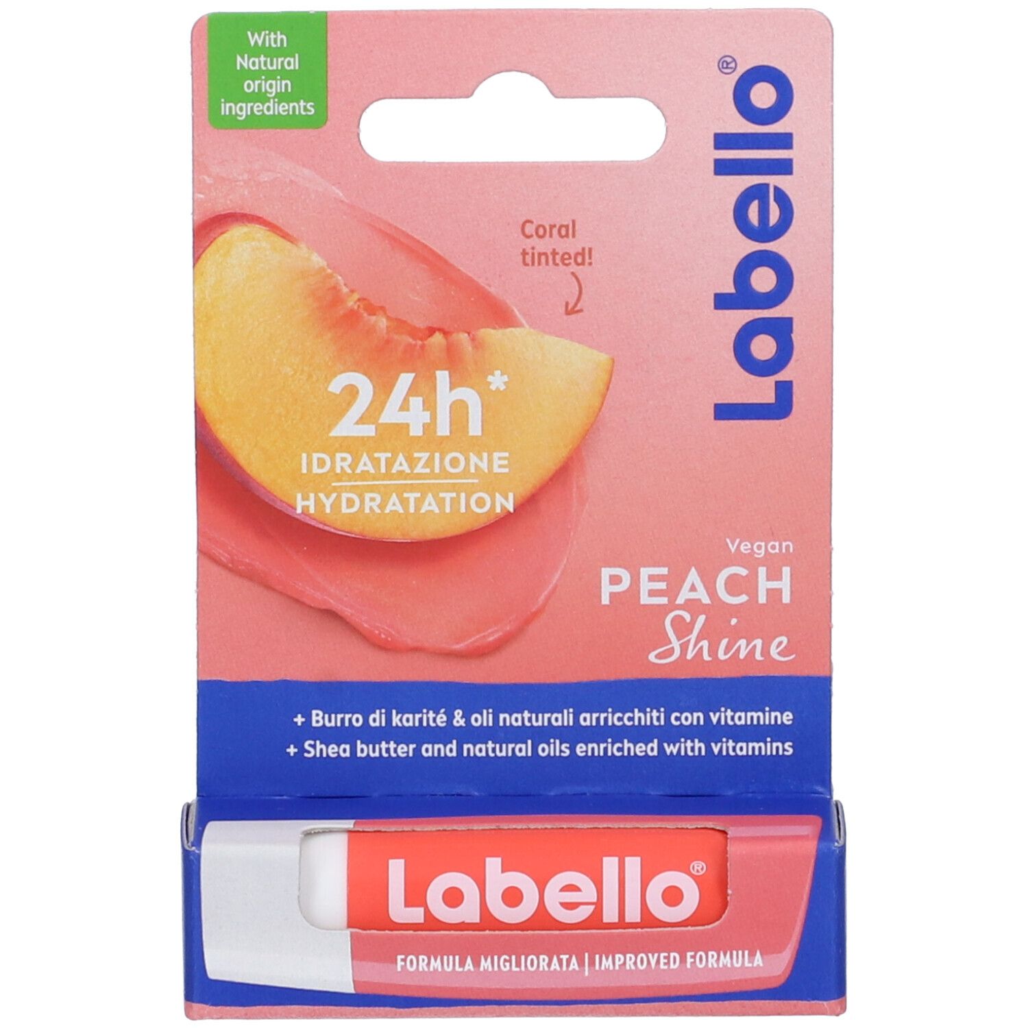 Labello Peach Shine, balsamo labbra. Confezione con immagine di pesca. Testo: 24h Idratation, vegan.