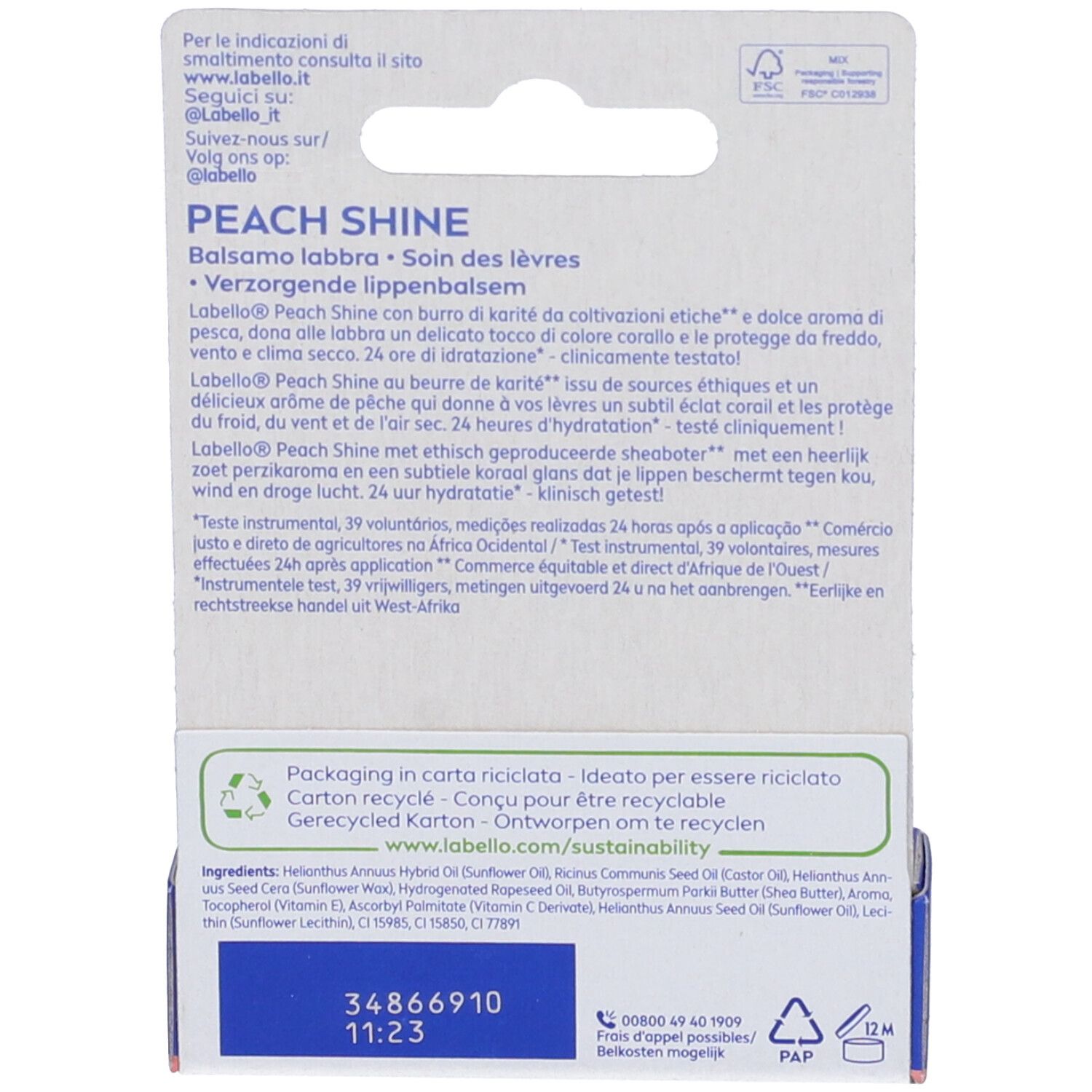 Retro della confezione Labello Peach Shine. Testo: Peach Shine, ingredienti, informazioni sul riciclo.