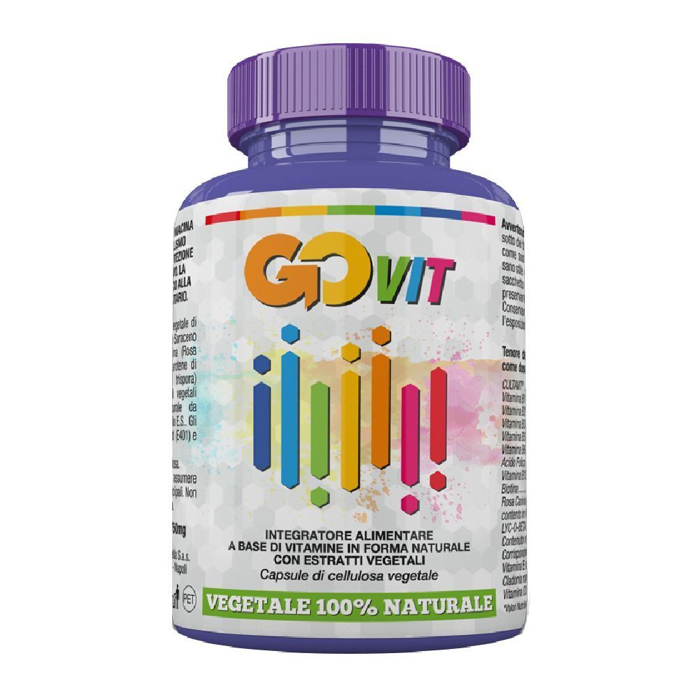 Flacone viola con etichetta GOVIT. Contiene strisce colorate e testo. Tappo e flacone sono viola.