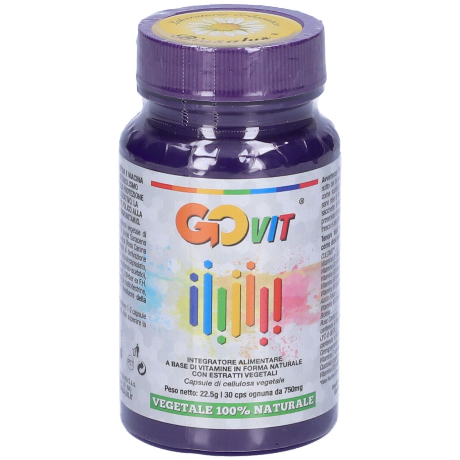 Flacone viola con etichetta GOVIT. Contiene strisce colorate e testo. Tappo e flacone sono viola.