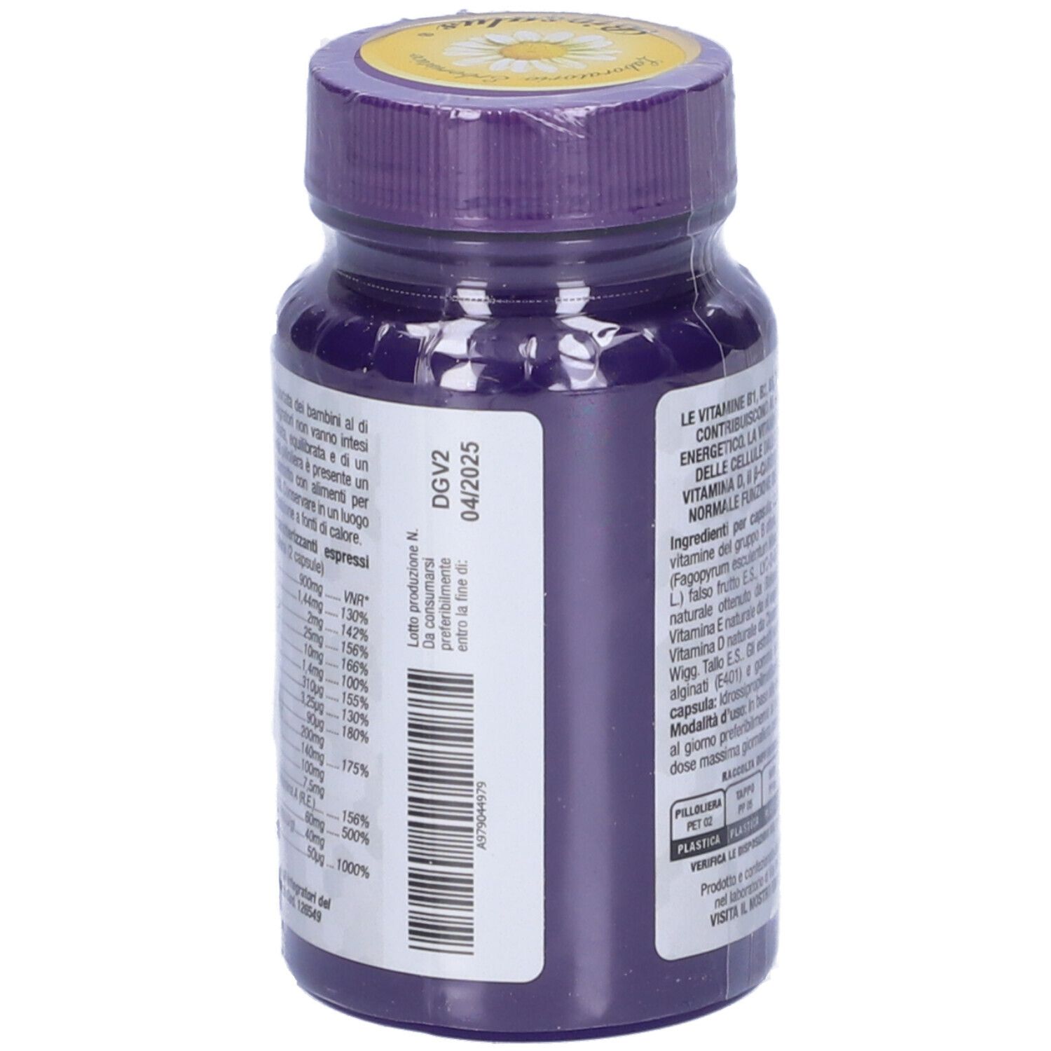 Retro del flacone viola con etichetta GOVIT. Contiene testo e informazioni. Il tappo è viola.