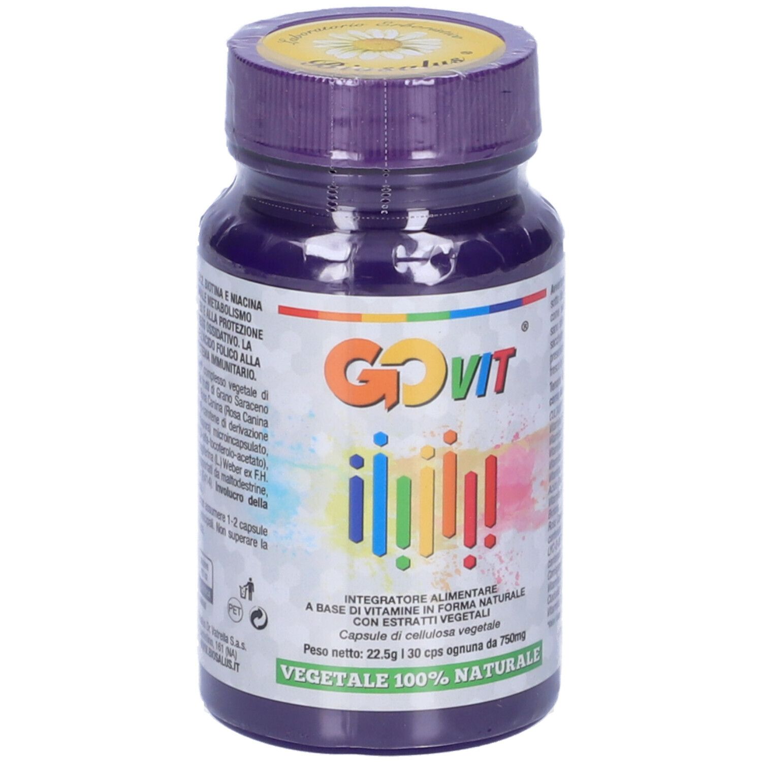 Flacone viola con etichetta GOVIT. Contiene strisce colorate e testo. Tappo e flacone sono viola.