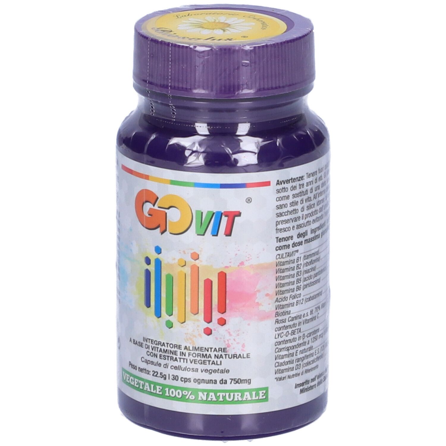 Flacone viola con etichetta GOVIT. Contiene strisce colorate e testo. Tappo e flacone sono viola.