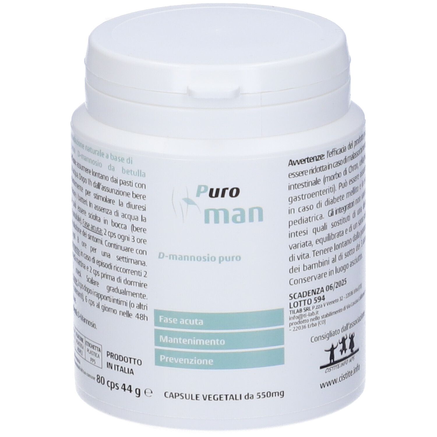 Flacone bianco Puroman D-Mannosio puro. Contiene 80 capsule. Senza glutine e lattosio.