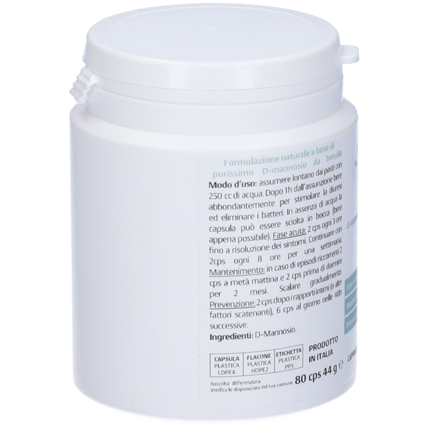 Flacone bianco Puroman D-Mannosio puro. Contiene 80 capsule. Senza glutine e lattosio.