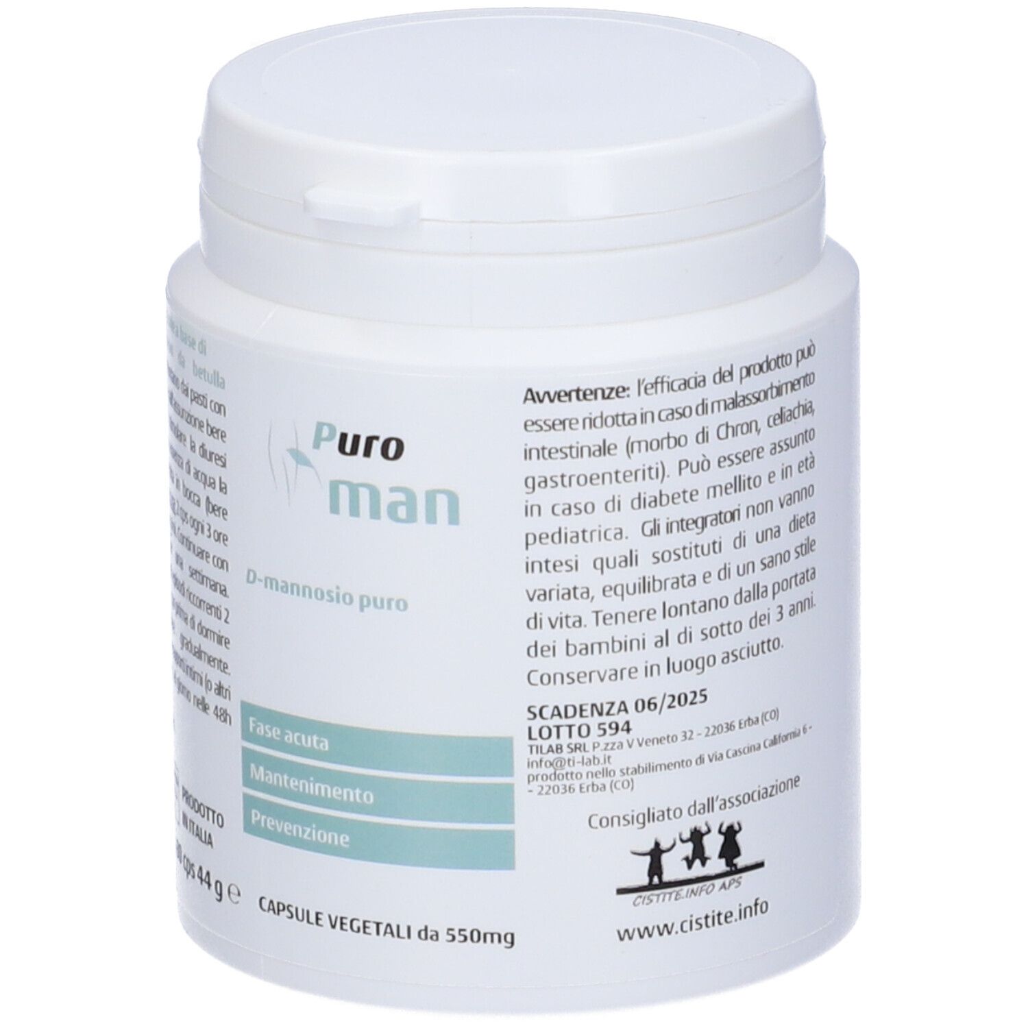 Flacone bianco Puroman D-Mannosio puro. Contiene 80 capsule. Senza glutine e lattosio.