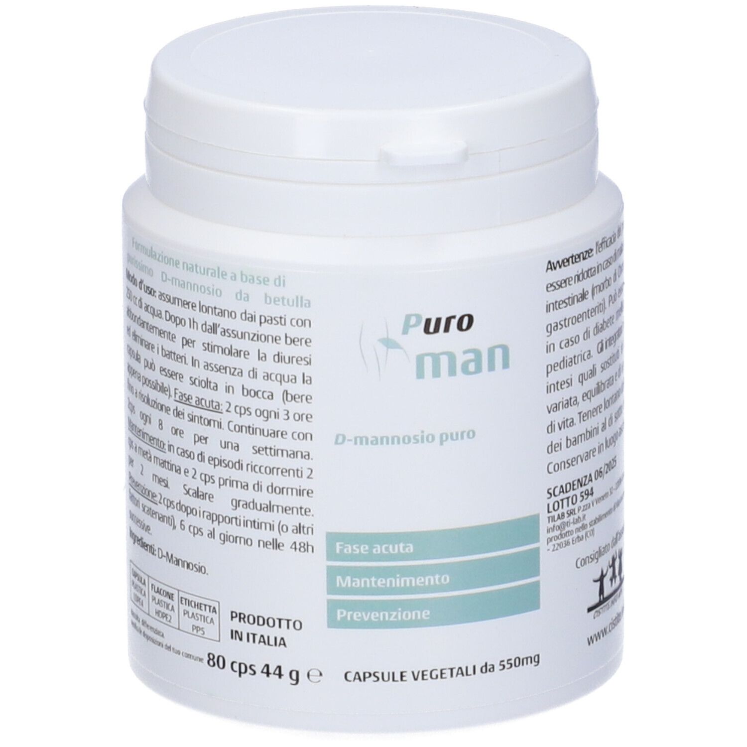 Flacone bianco Puroman D-Mannosio puro. Contiene 80 capsule. Senza glutine e lattosio.