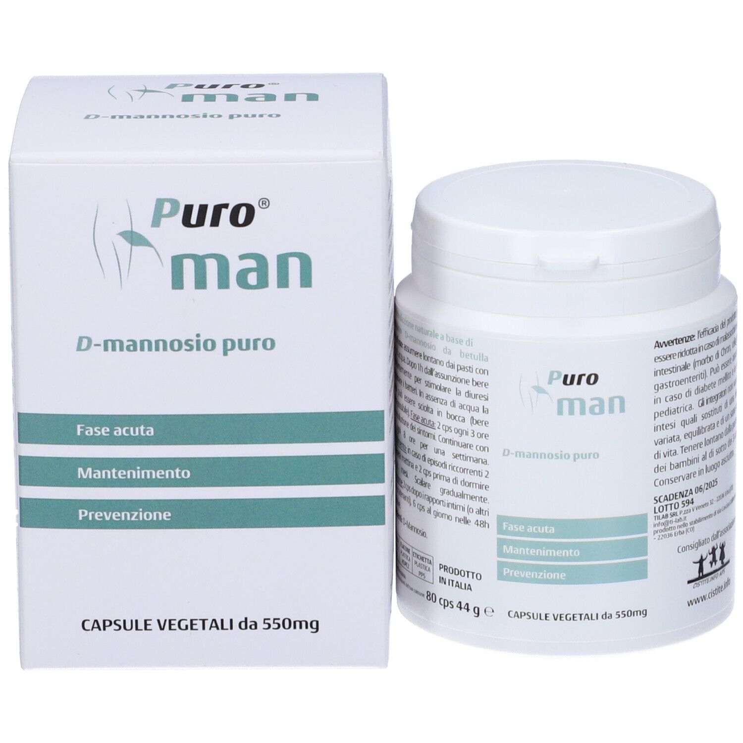 Puroman D-Mannosio puro, flacone e scatola. 80 capsule. Senza glutine e lattosio.