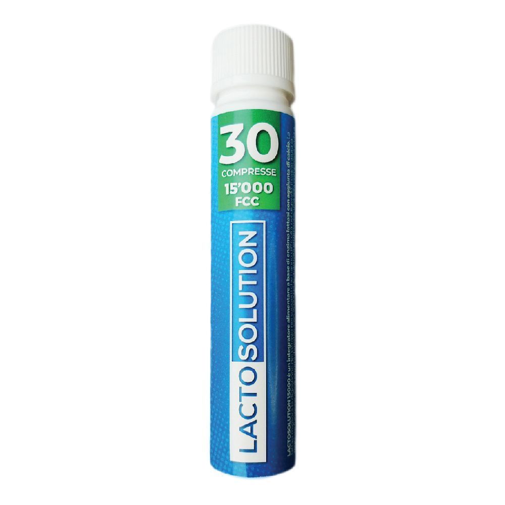 Confezione cilindrica con tappo bianco. Scritta: LACTOSOLUTION, 30 compresse, 15'000 FCC.
