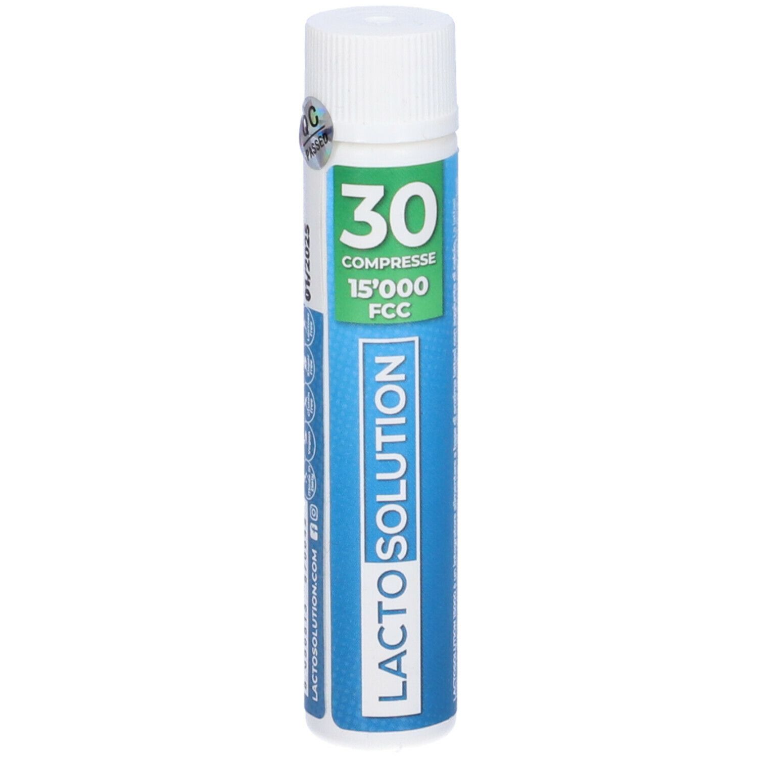 Confezione cilindrica con tappo bianco. Scritta: LACTOSOLUTION, 30 compresse, 15'000 FCC. Sigillo.