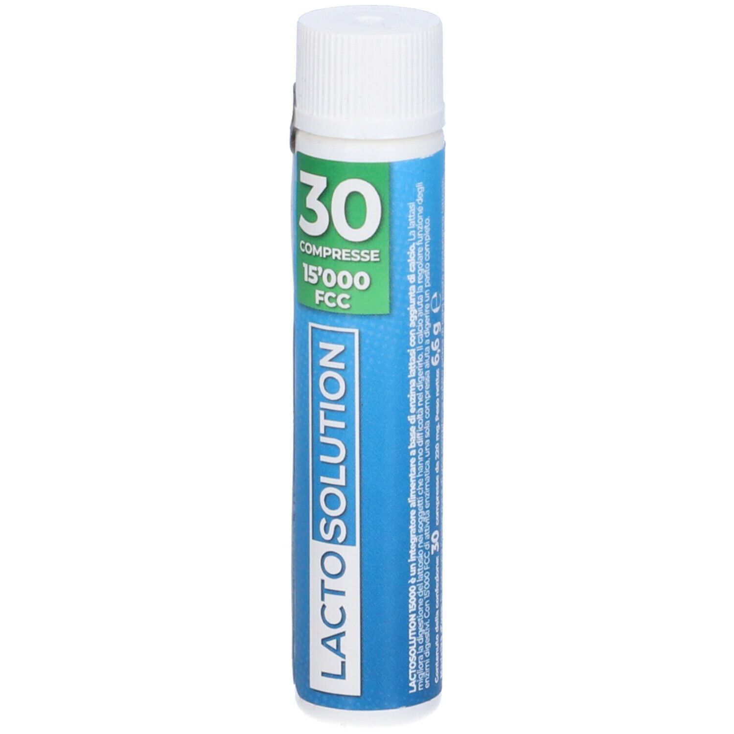 Confezione cilindrica con tappo bianco. Scritta: LACTOSOLUTION, 30 compresse, 15'000 FCC. Testo.