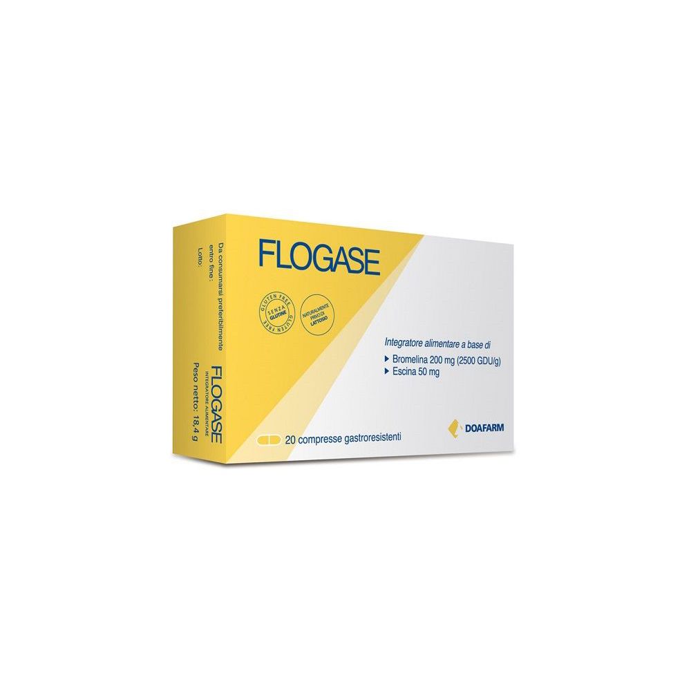 Scatola di Flogase Doa Compresse. Confezione giallo-bianca con nome del prodotto e informazioni. 20 compresse gastroresistenti.