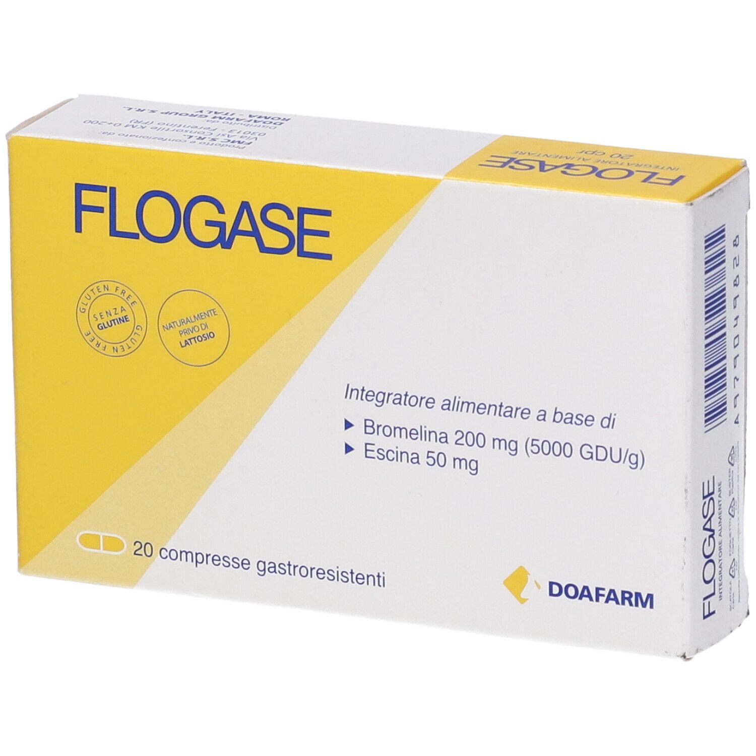 Scatola di Flogase Doa Compresse. Con nome, ingredienti e logo. 20 compresse gastroresistenti.