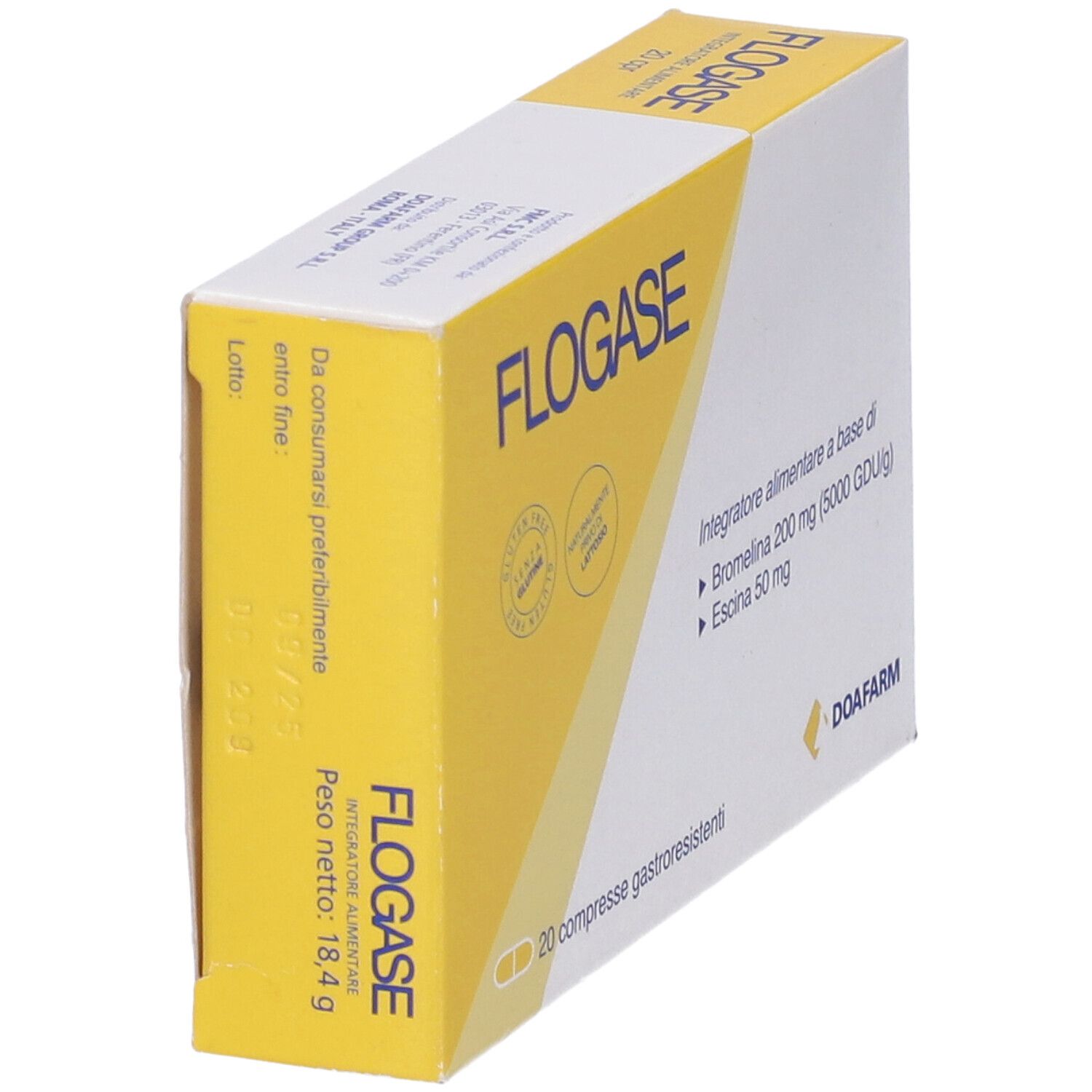 Scatola di Flogase Doa Compresse. Con nome, ingredienti e logo. 20 compresse gastroresistenti.