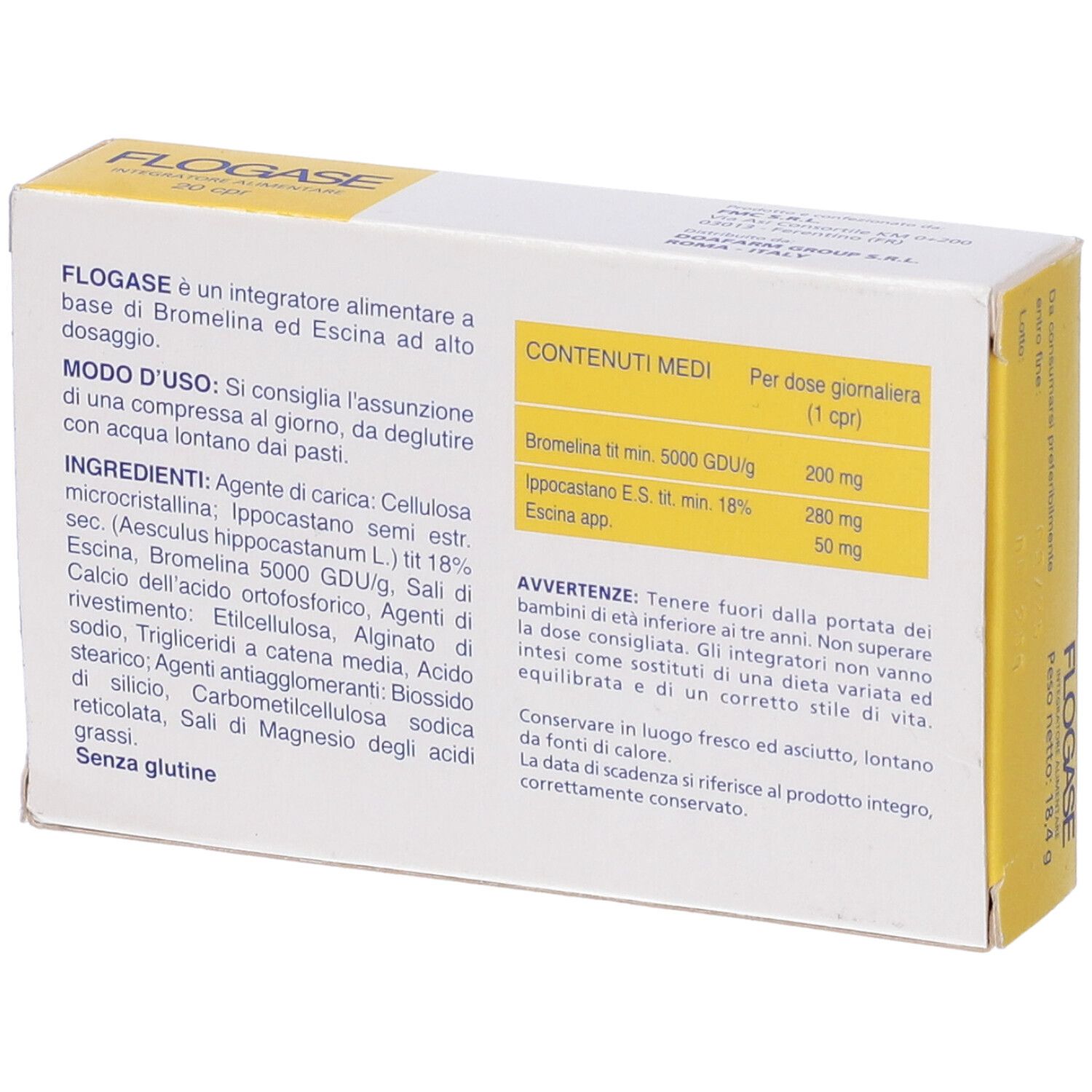 Retro della confezione di Flogase Doa Compresse. Contiene ingredienti, istruzioni e avvertenze. Testo in italiano.