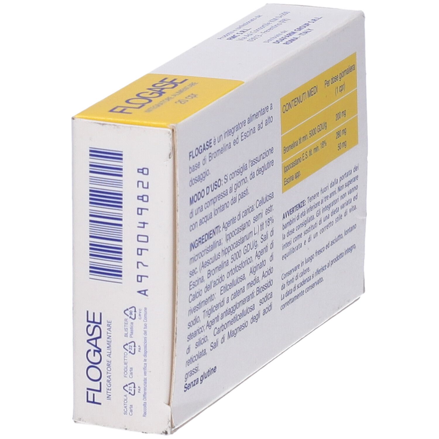 Retro della confezione di Flogase Doa Compresse. Contiene ingredienti, istruzioni e avvertenze. Testo in italiano.