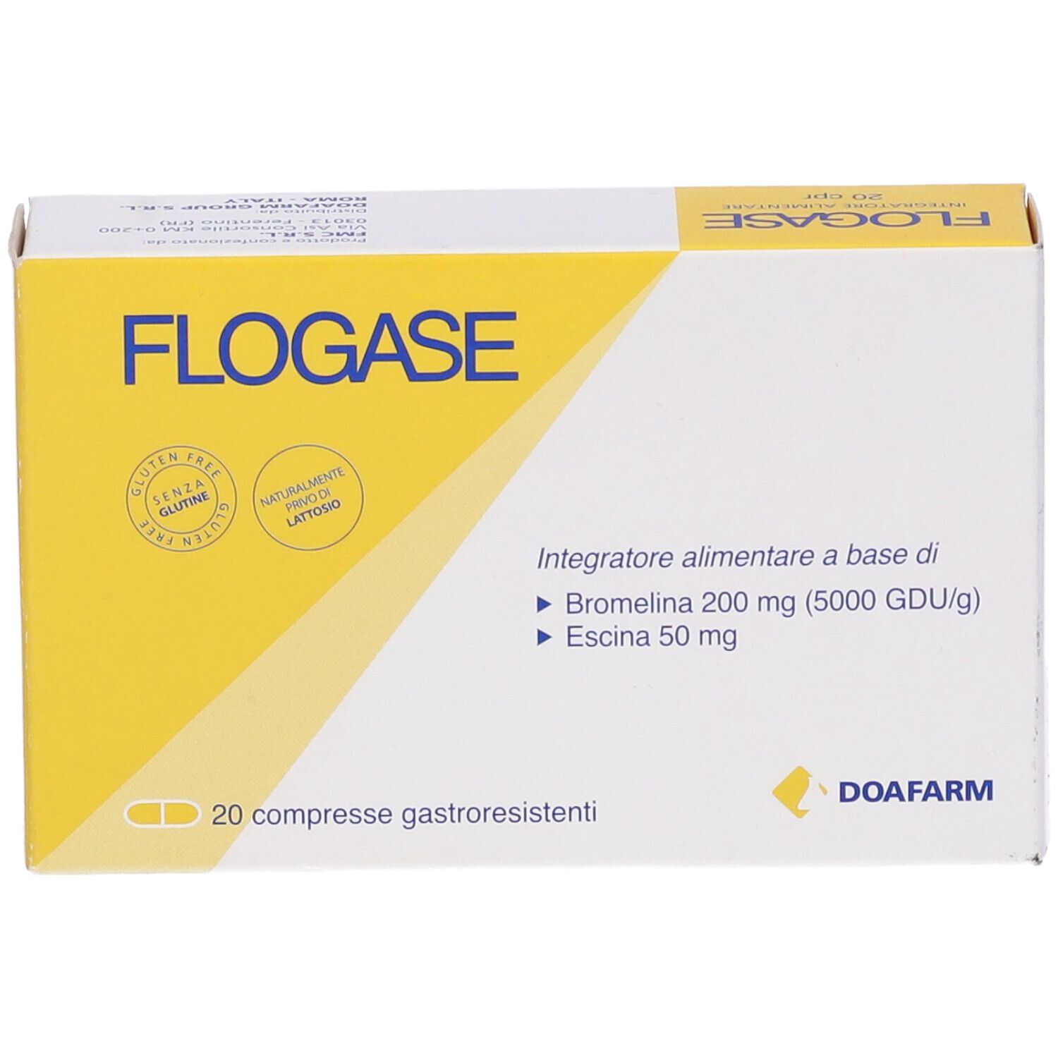 Scatola di Flogase Doa Compresse. Con nome, ingredienti e logo. 20 compresse gastroresistenti.