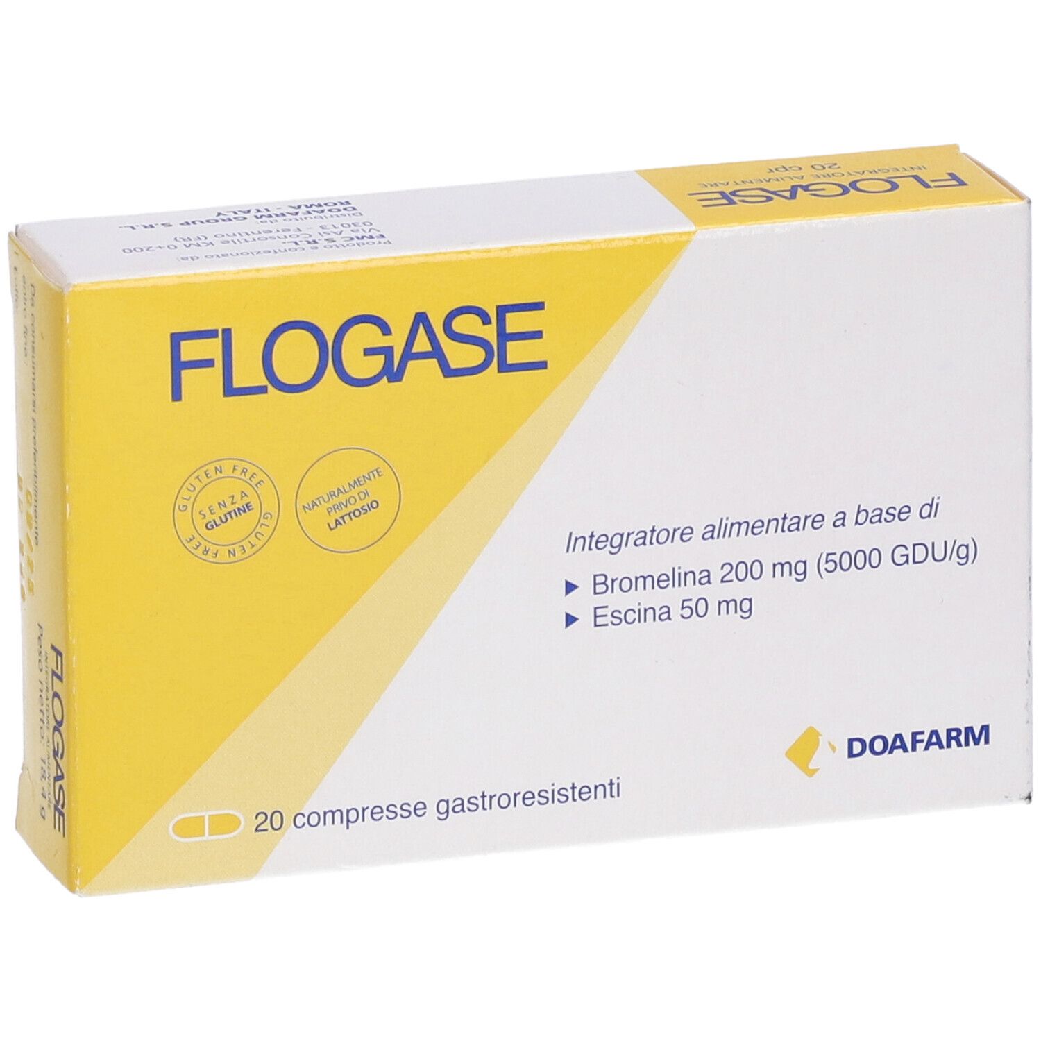 Scatola di Flogase Doa Compresse. Con nome, ingredienti e logo. 20 compresse gastroresistenti.