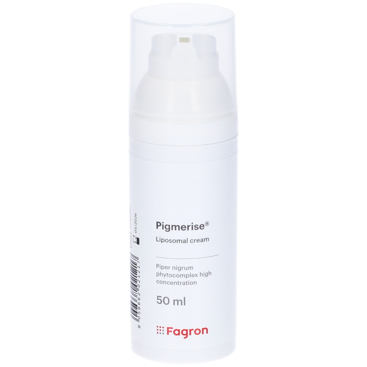 Flacone bianco con dosatore. Scritta: Pigmerise, crema liposomiale, 50 ml. Marchio: Fagron.
