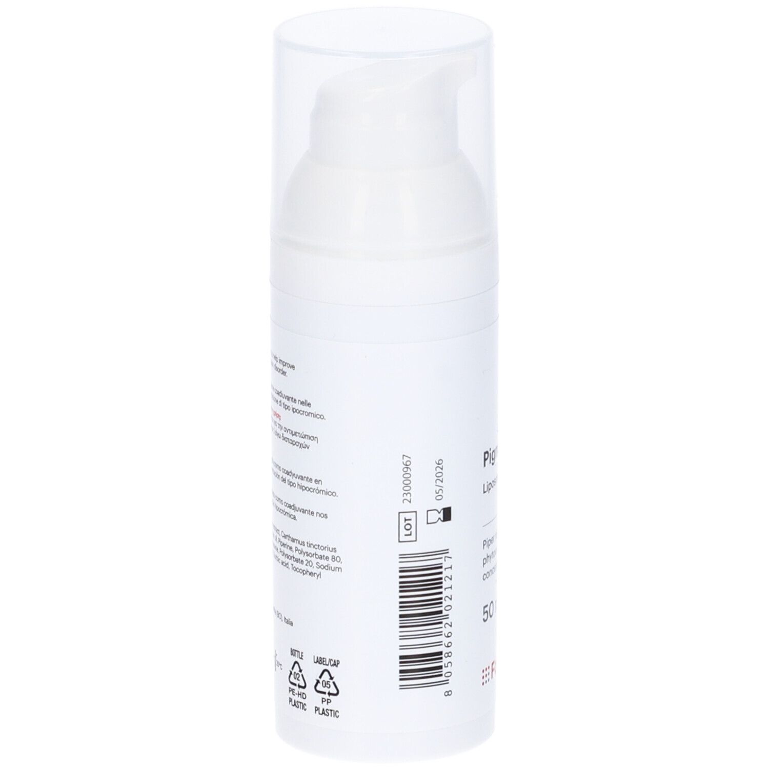 Flacone bianco con dosatore. Scritta: Pigmerise, crema liposomiale, 50 ml. Marchio: Fagron. Codice a barre.