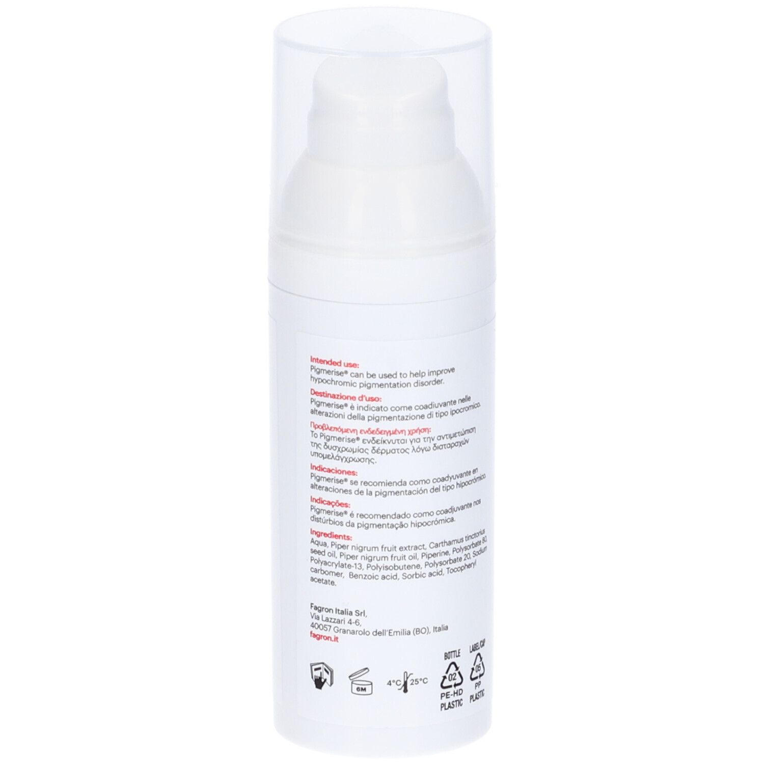Flacone bianco con dosatore. Scritta: Pigmerise, crema liposomiale, 50 ml. Marchio: Fagron. Testo sul retro.