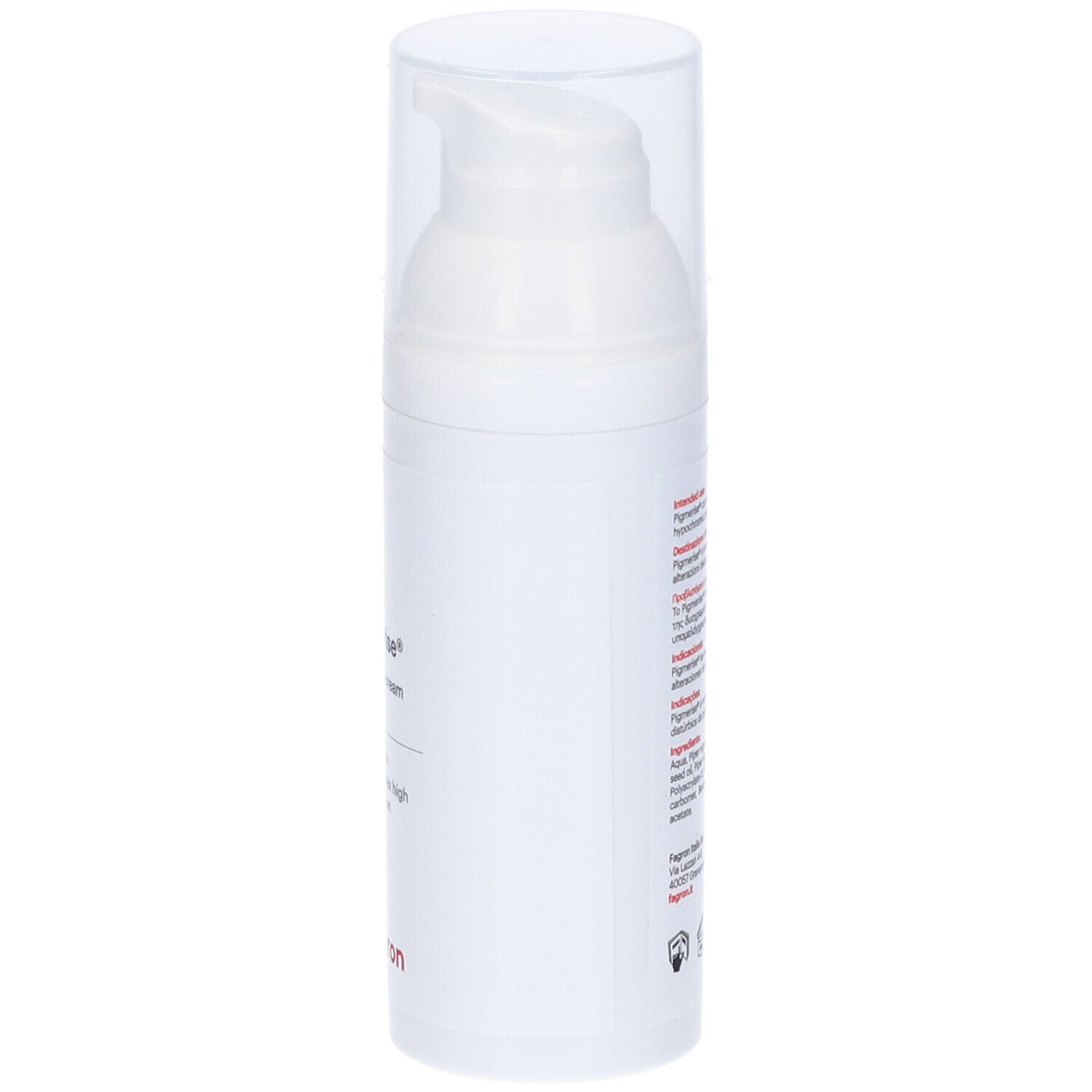 Flacone bianco con dosatore. Scritta: Pigmerise, crema liposomiale, 50 ml. Marchio: Fagron. Testo sul retro.