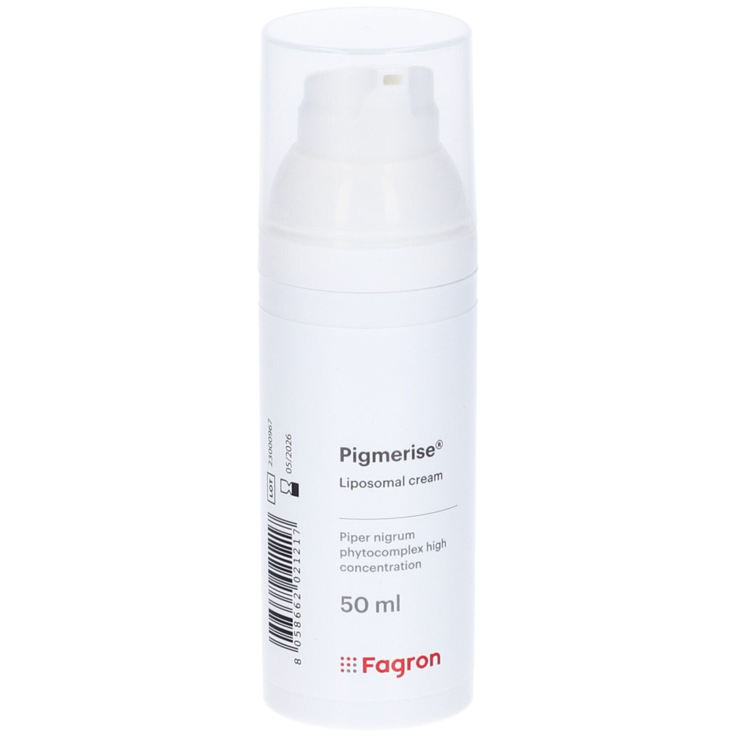 Flacone bianco con dosatore. Scritta: Pigmerise, crema liposomiale, 50 ml. Marchio: Fagron. Codice a barre.