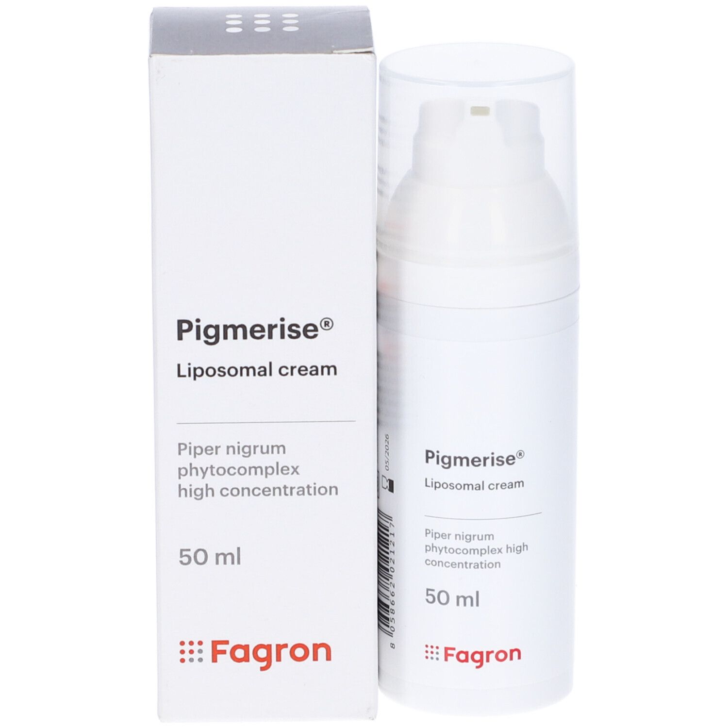 Confezione del prodotto: Pigmerise, crema liposomiale, 50 ml. Flacone e scatola bianchi. Marchio: Fagron.