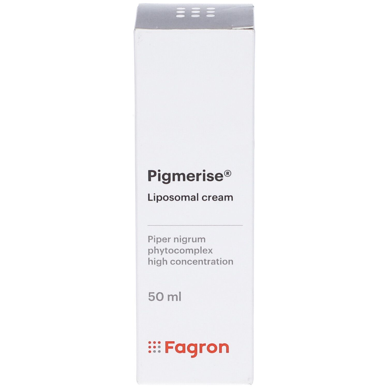 Confezione del prodotto: Pigmerise, crema liposomiale, 50 ml. Scatola bianca. Marchio: Fagron.
