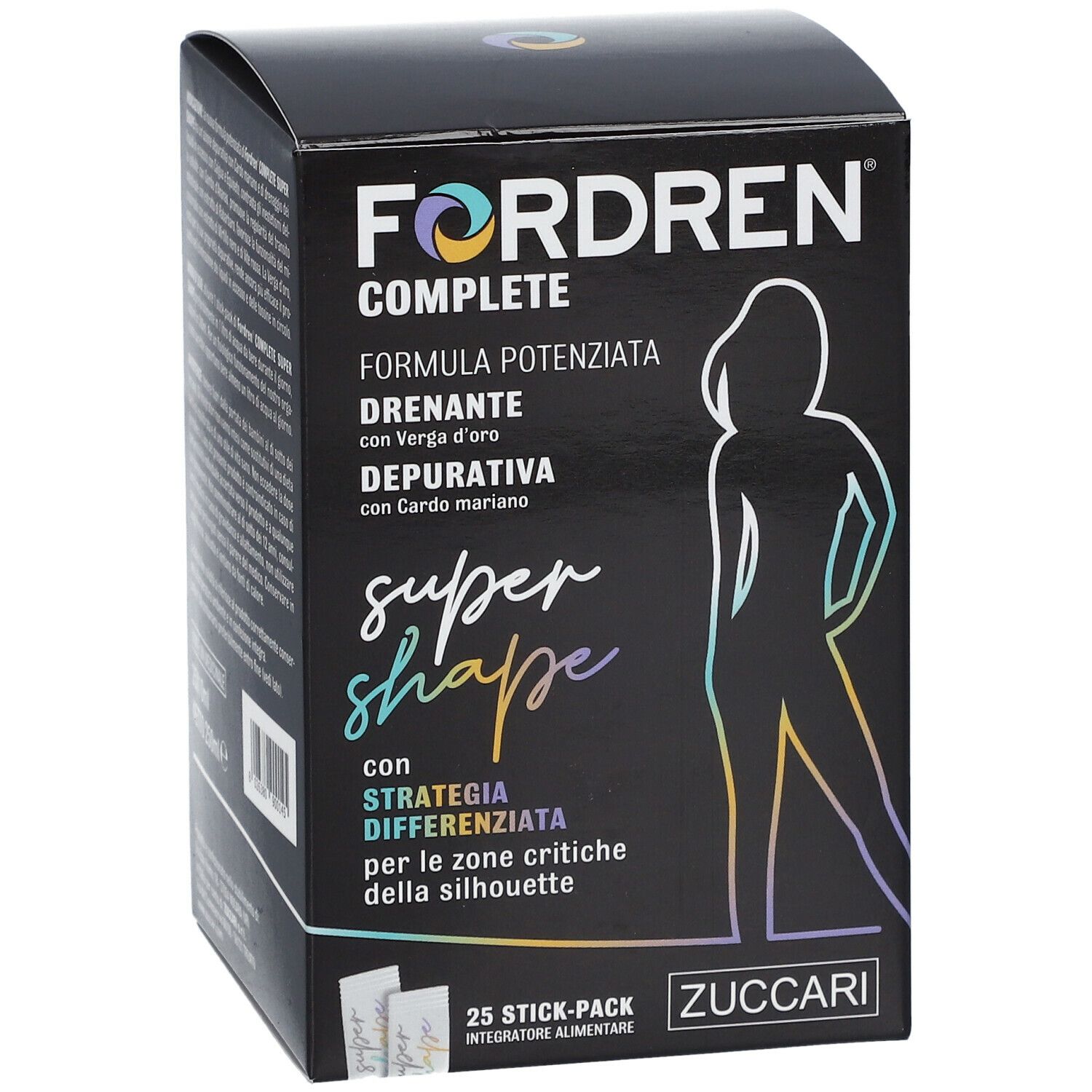 Scatola nera FORDREN COMPLETE SUPER SHAPE. Contiene 25 stick-pack. Logo ZUCCARI. Scritta "25 stick-pack".