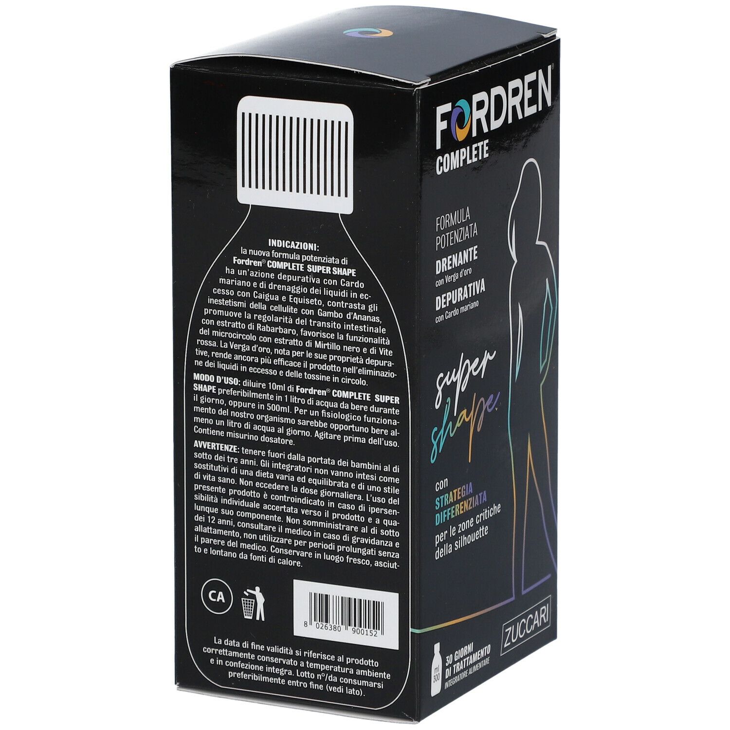 Retro scatola nera FORDREN COMPLETE SUPER SHAPE. Testo e lista ingredienti. Marchio ZUCCARI.