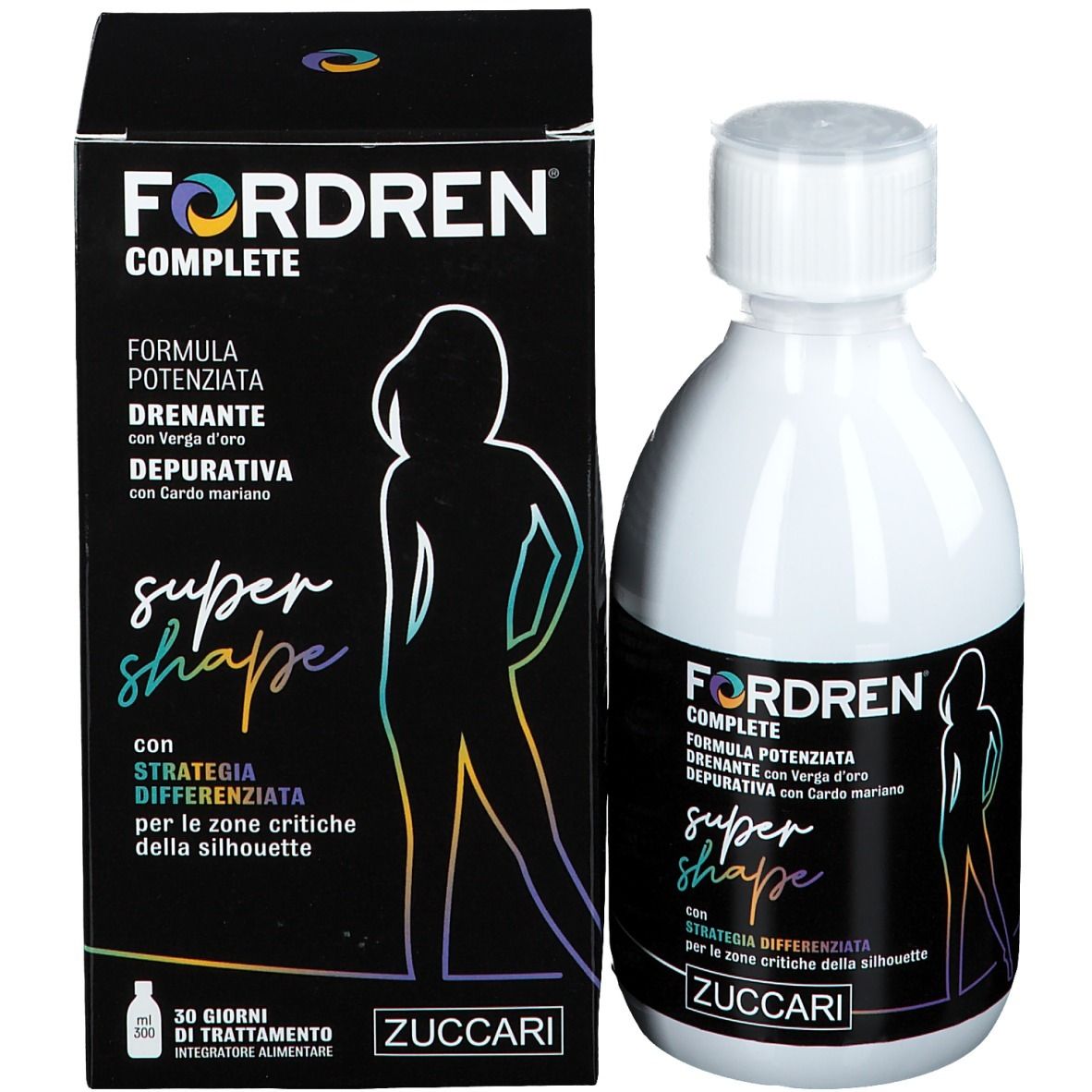 Prodotto FORDREN COMPLETE SUPER SHAPE e scatola. Bottiglia e confezione. Marchio ZUCCARI.