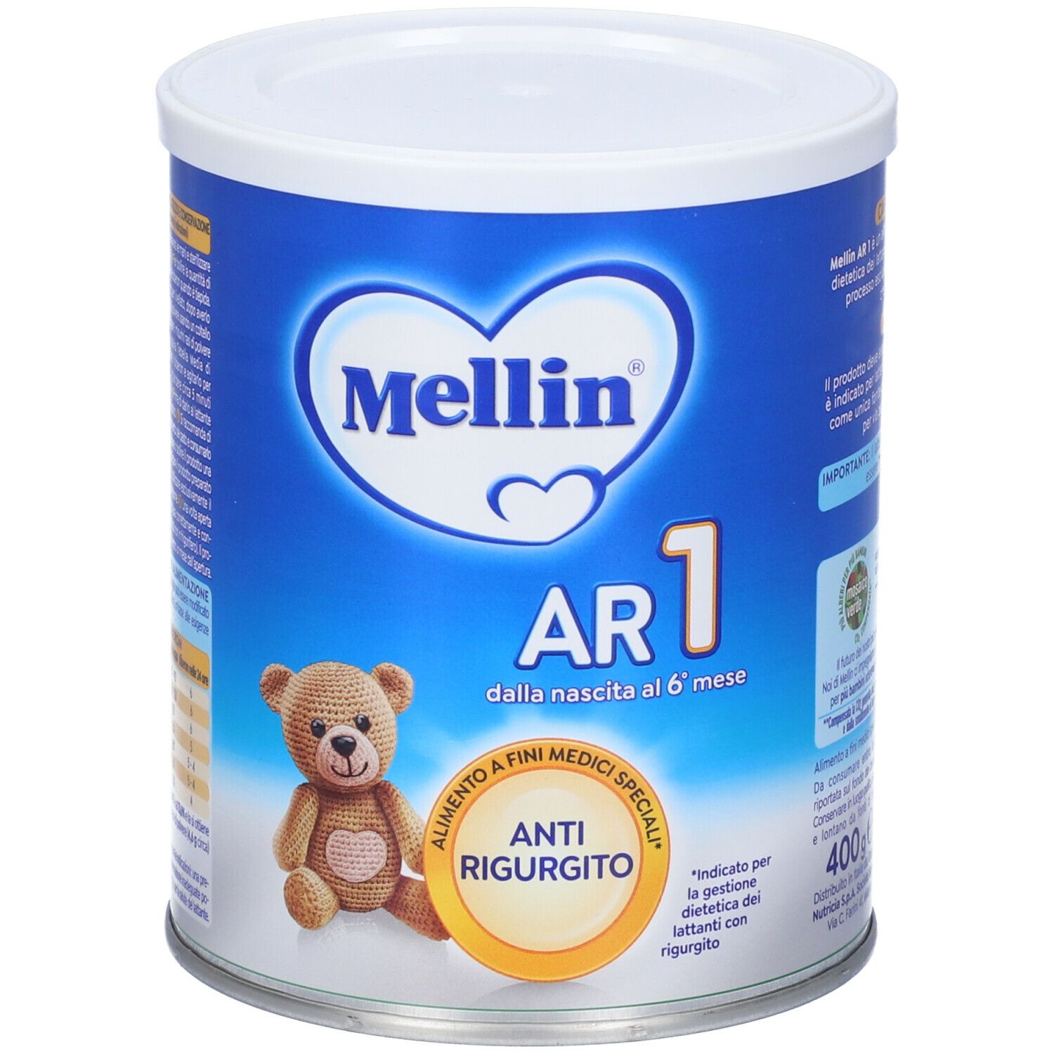 Barattolo blu con coperchio bianco. Scritta "Mellin AR 1" e illustrazione di orsacchiotto. Etichetta "Anti-rigurgito".