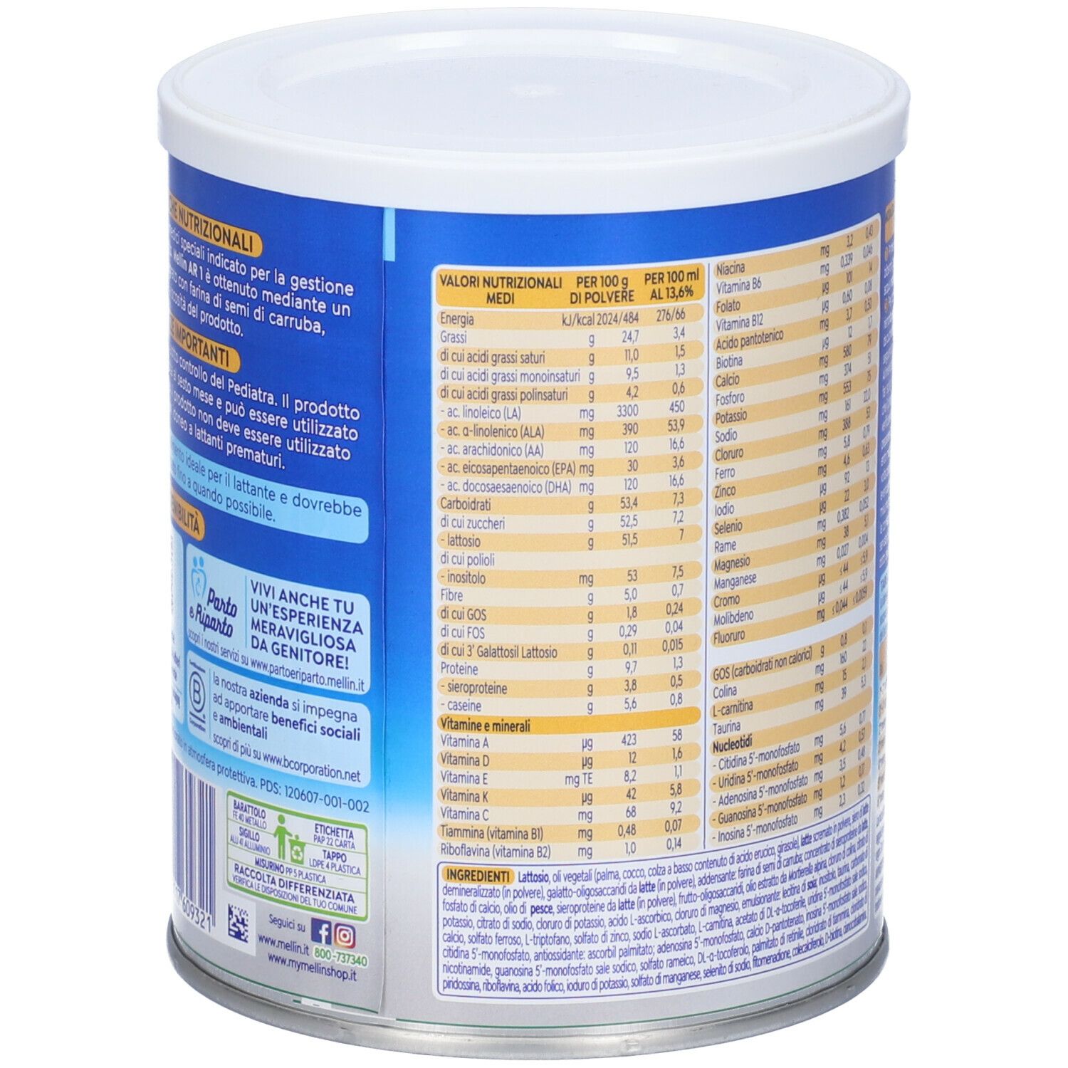 Retro di un barattolo blu con coperchio bianco. Contiene informazioni nutrizionali e lista ingredienti. Testo in italiano.