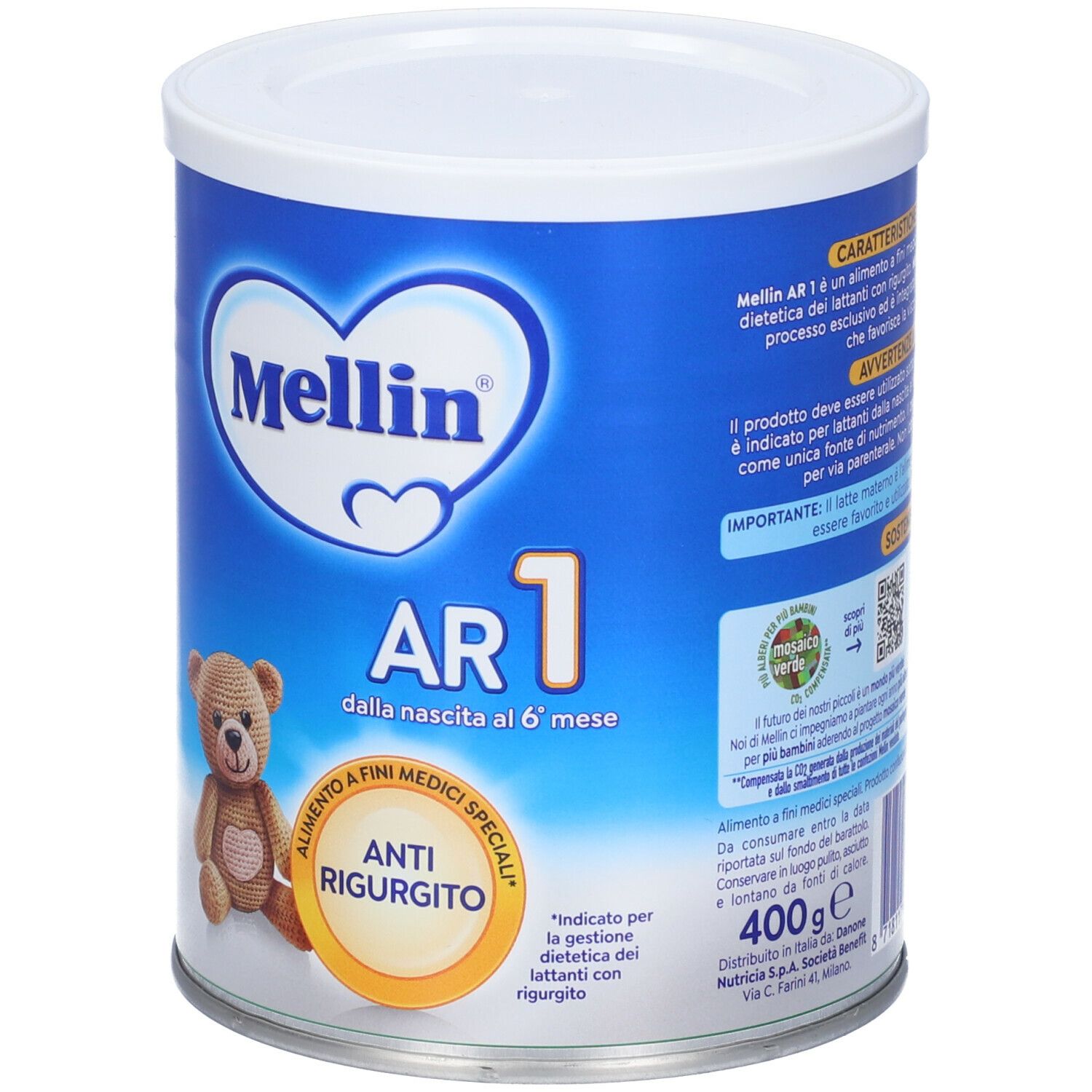 Barattolo blu con coperchio bianco. Scritta "Mellin AR 1" e orsacchiotto. Etichetta "Anti-rigurgito". 400g.