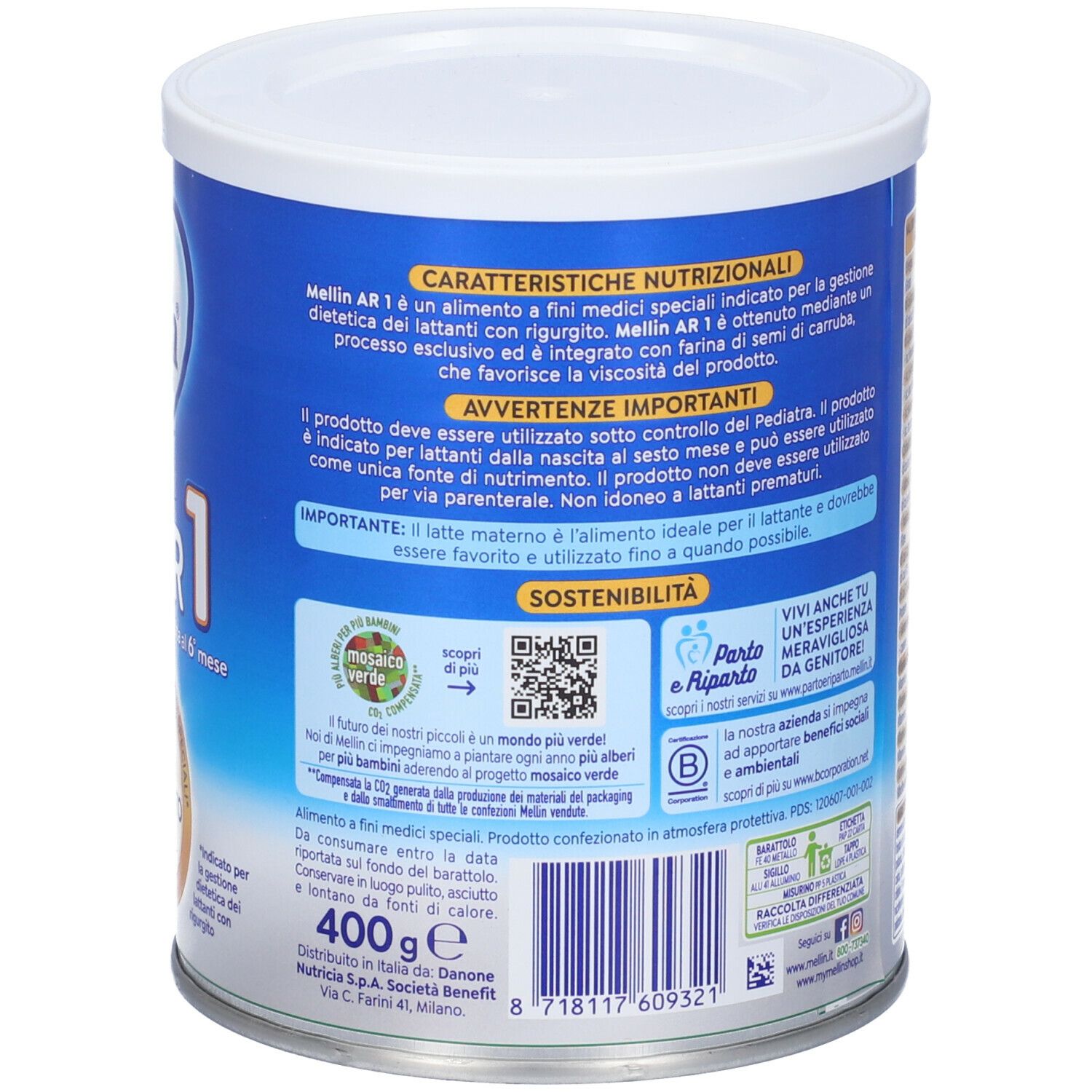 Retro di un barattolo blu con coperchio bianco. Contiene informazioni nutrizionali e testo. 400g. Codice QR e logo sostenibilità.