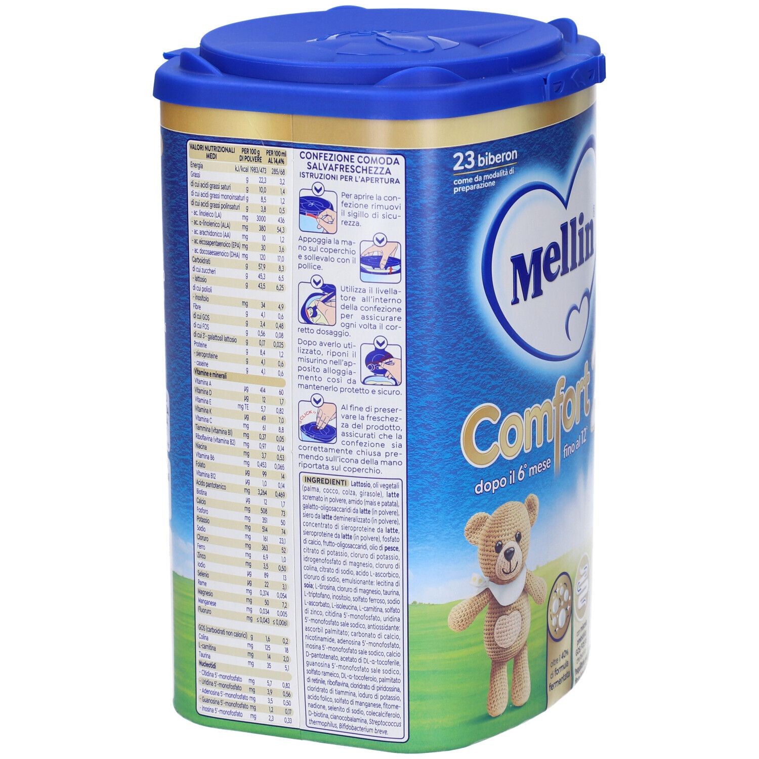 Barattolo Mellin Comfort 2, blu e bianco. Vista laterale con informazioni nutrizionali e istruzioni per la preparazione. Illustrazione orsetto.