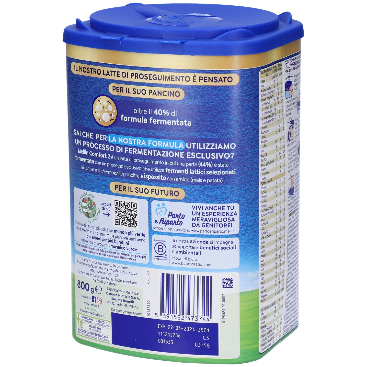 Retro del barattolo Mellin Comfort 2. Testo sulla formula fermentata e sugli ingredienti. 800g. Codice QR e codice a barre.