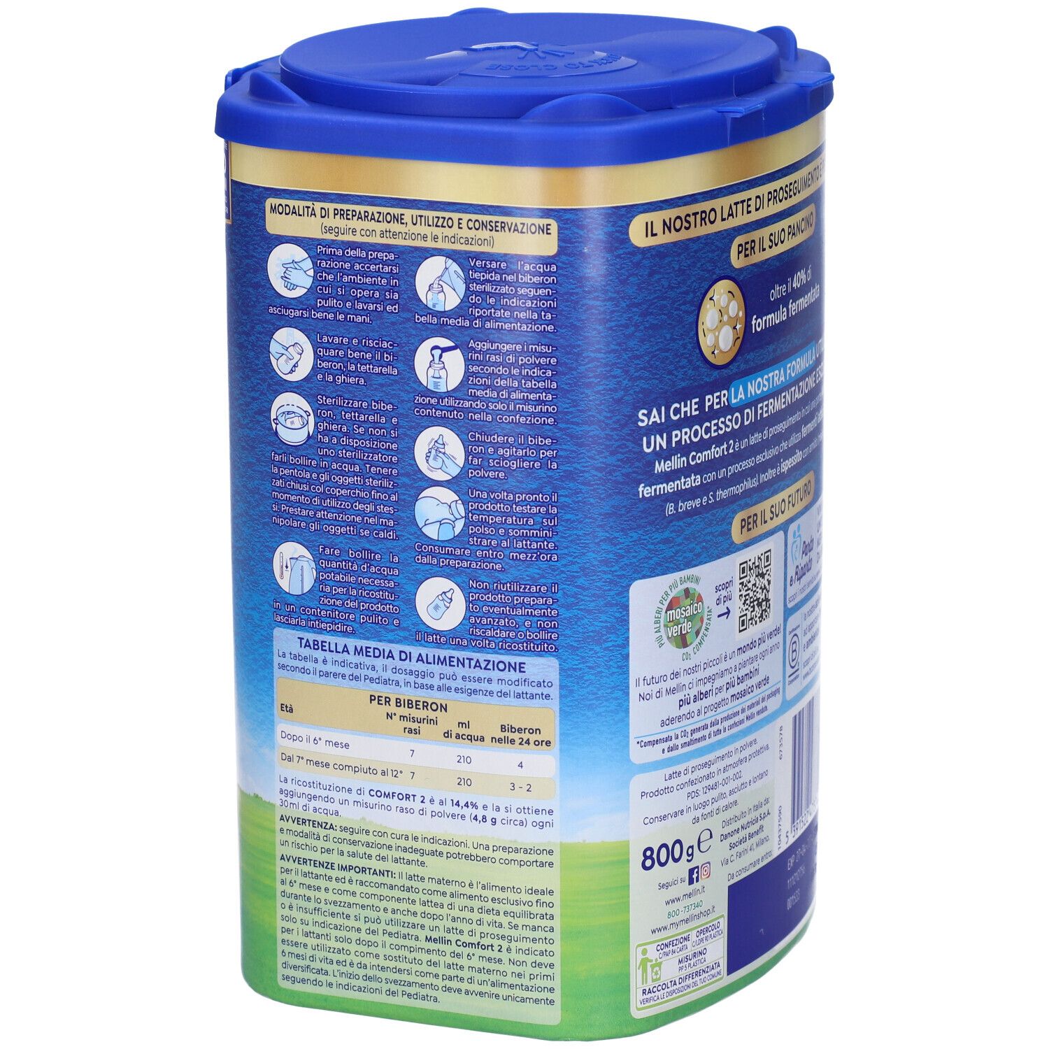 Retro del barattolo Mellin Comfort 2. Istruzioni per la preparazione e tabella nutrizionale. 800g. Testo e illustrazioni.