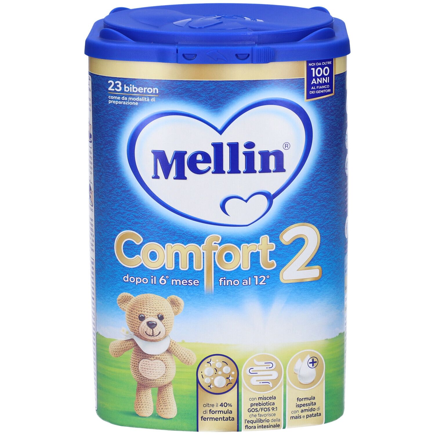 Barattolo Mellin Comfort 2, blu e bianco. Illustrazione orsetto. Testo: Comfort 2, dopo il 6° mese fino al 12°. Con coperchio.