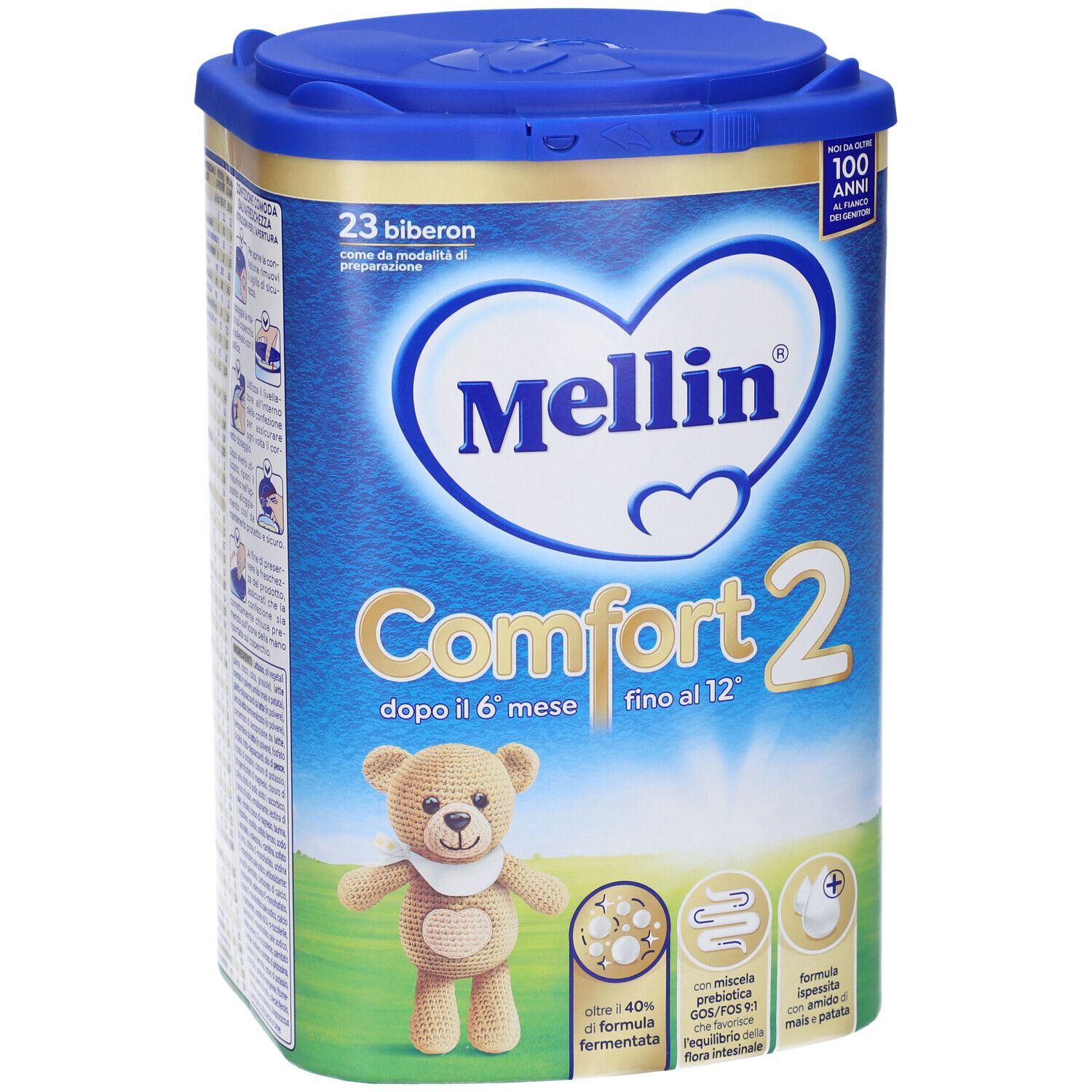 Barattolo Mellin Comfort 2, blu e bianco. Illustrazione orsetto. Testo: Comfort 2, dopo il 6° mese fino al 12°. Con coperchio.