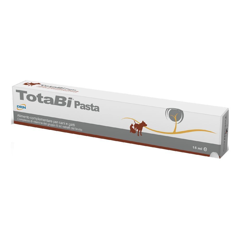Scatola bianca "Totabi Pasta". Stampe: logo, illustrazione cane e albero, testo. Volume: 15 ml.