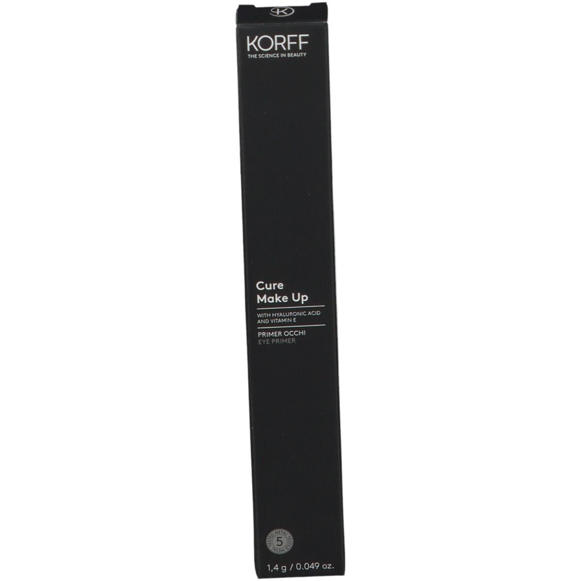 KORFF Cure Make Up Augengrundierung und Verpackung. Schwarze Verpackung. Text: Cure Make Up, Primer Occhi Eye Primer.
