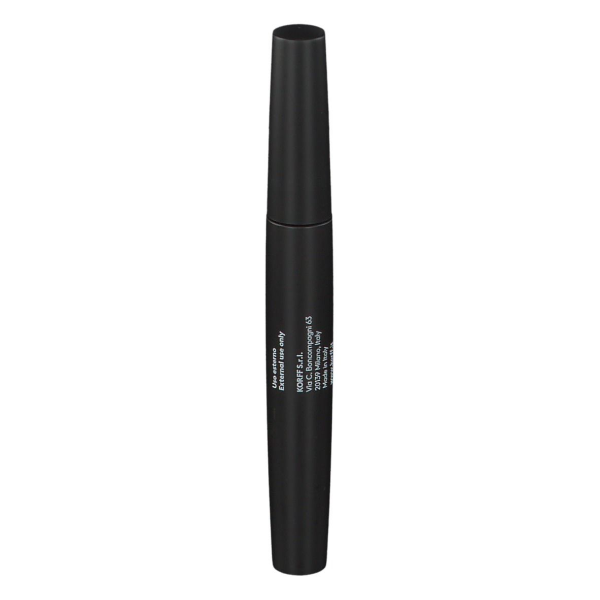 Tube de mascara noir. KORFF High Definition Mascara. Dos avec texte.